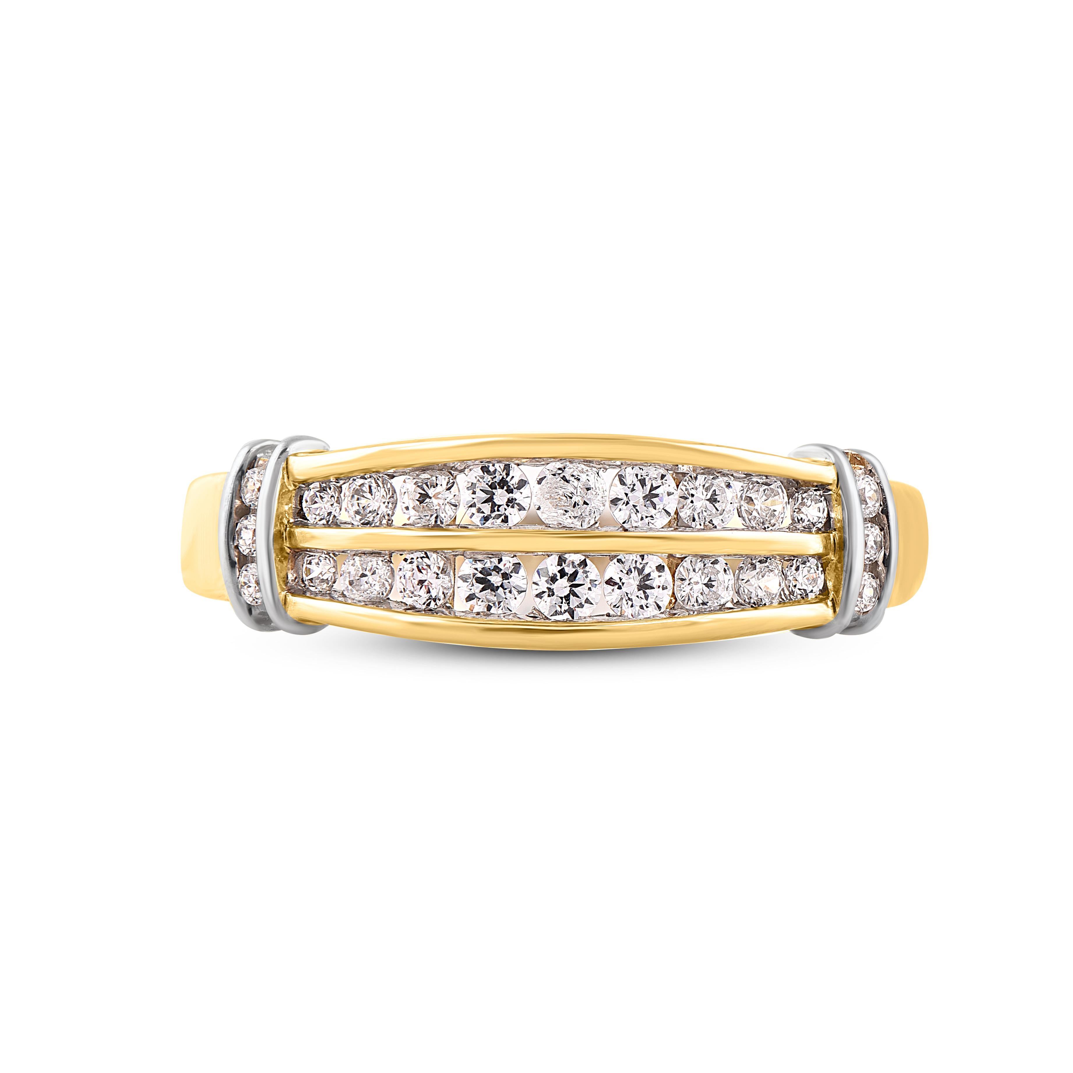Express your love for her in the most classic way with this band ring. This beautiful ring features shimmering 24 brilliant cut diamonds studded in channel setting. Crafted in 14 karat yellow gold. The total diamond weight is 0.50 carat. The