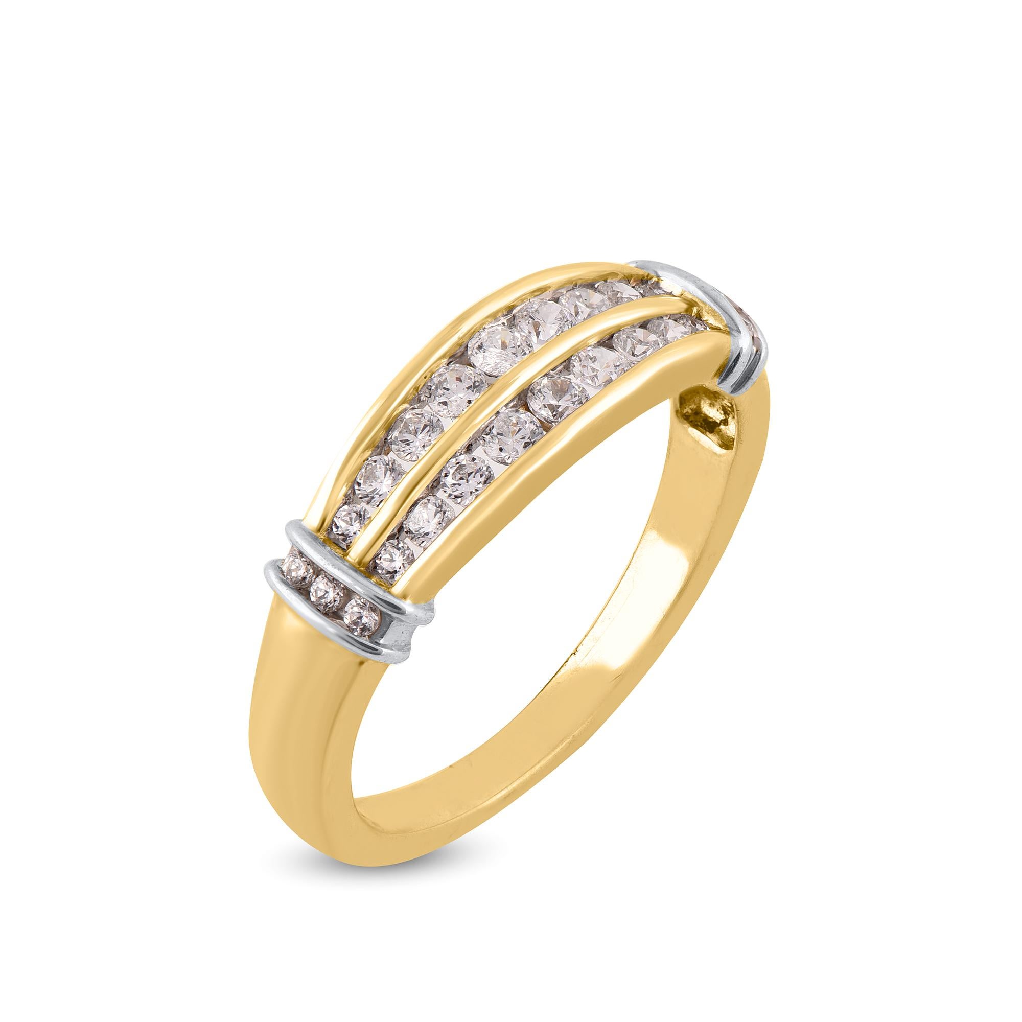 Contemporary TJD 0.50 Carat Brilliant Cut Diamond Two Row Band Ring in 14 Karat Yellow Gold For Sale