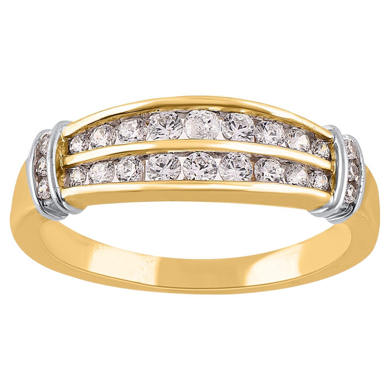 TJD 0.50 Carat Brilliant Cut Diamond Two Row Band Ring in 14 Karat Yellow Gold For Sale