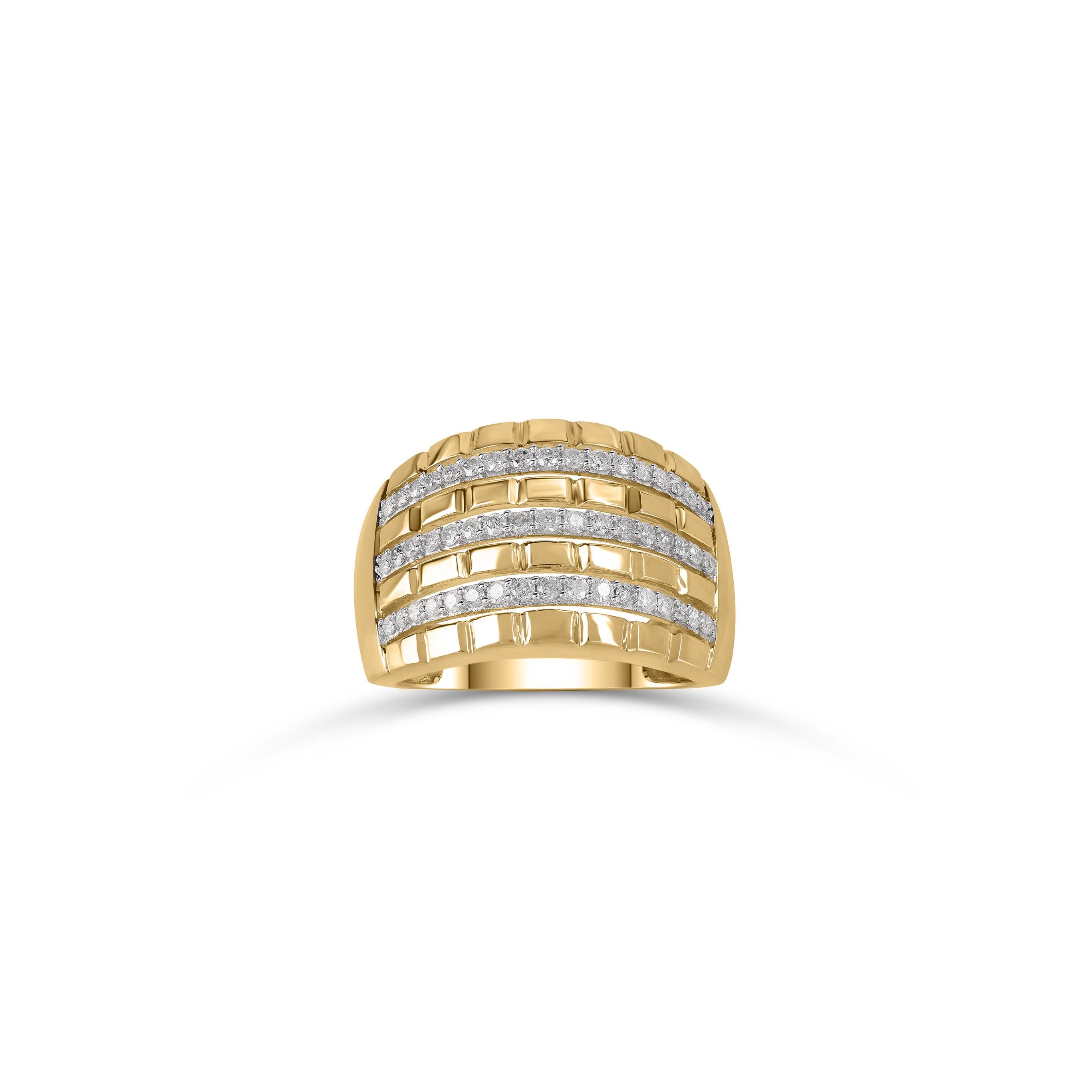 This diamond ring, made using natural diamonds and yellow gold. This diamond band is studded with 51 round-cut diamonds in prong setting and crafted in 10-karat yellow gold. Diamonds are graded HI color, I2 clarity.    

Metal color and ring size