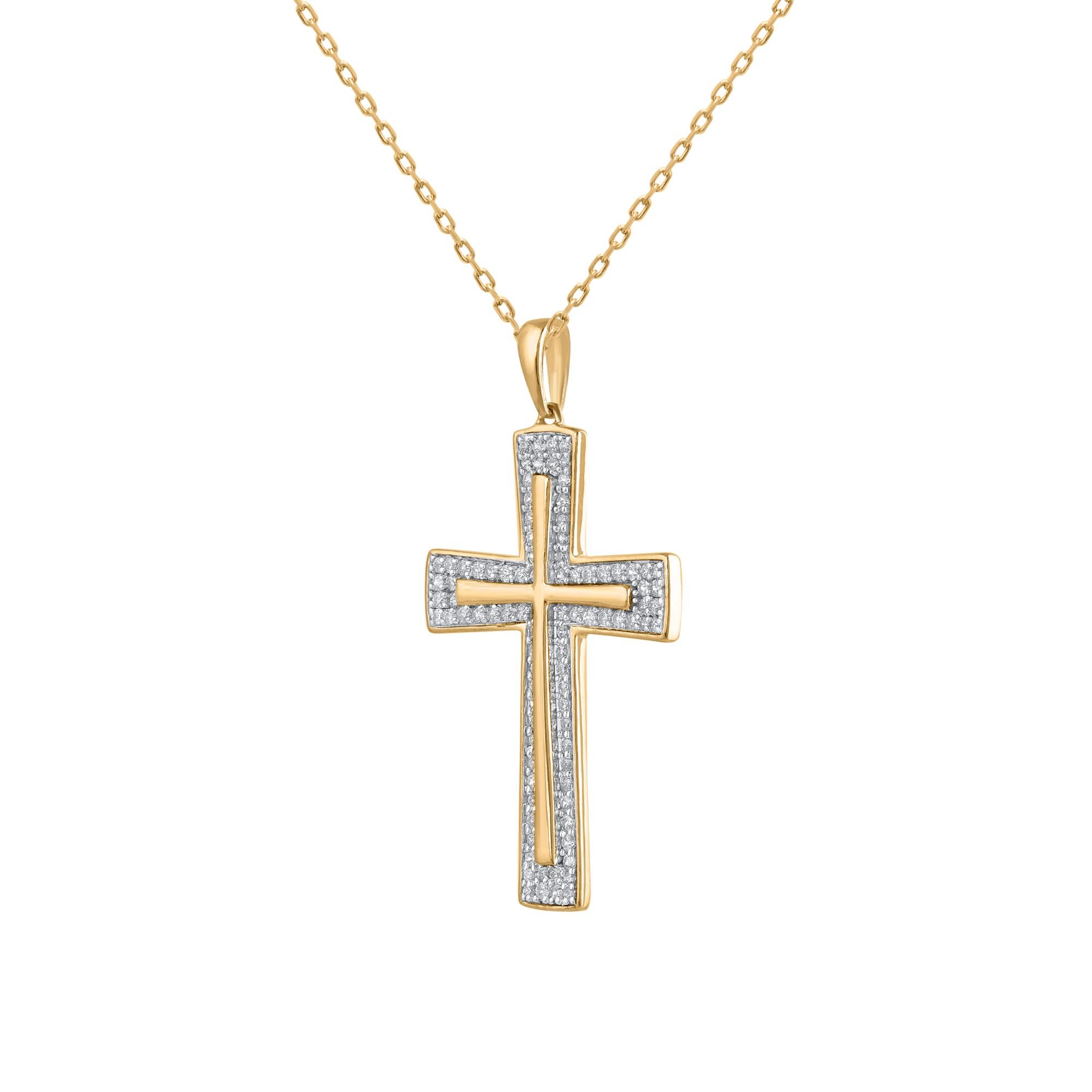 Let your faith shine with this simple and elegant cross pendant. Beautifully crafted by our inhouse experts in 14 karat yellow gold and embellished with 93 single cut & brilliant cut diamond set in Pave setting. The total diamond weight is 0.50