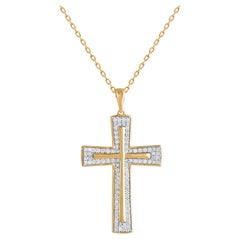 TJD Collier pendentif croix en or jaune 14 carats avec diamants brillants de 0,50 carat