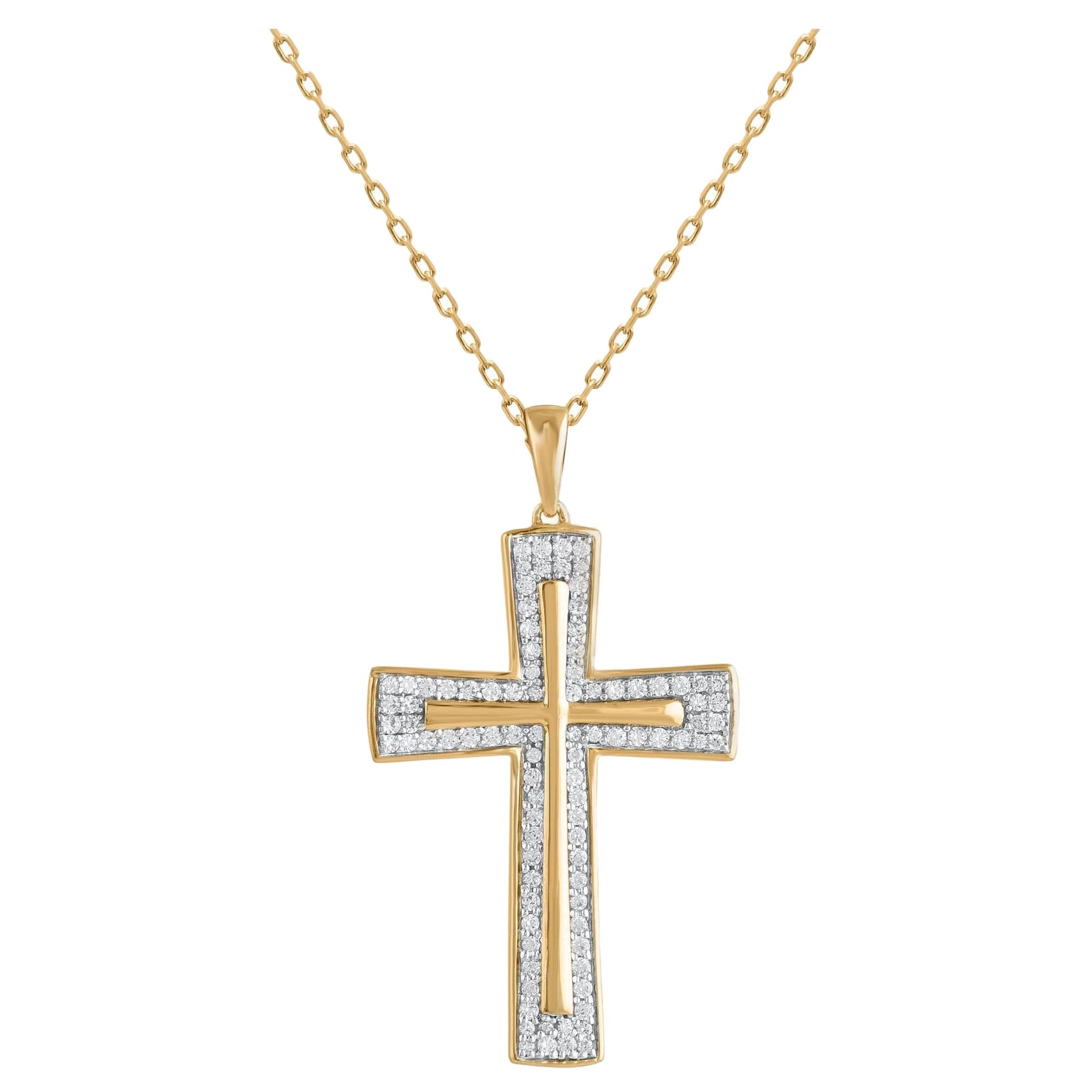 TJD 0.50 Carat Brilliant Diamond 14 Karat Yellow Gold Cross Pendant Necklace