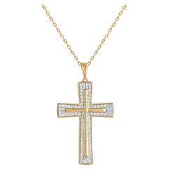 TJD 0.50 Carat Brilliant Diamond 14 Karat Yellow Gold Cross Pendant Necklace