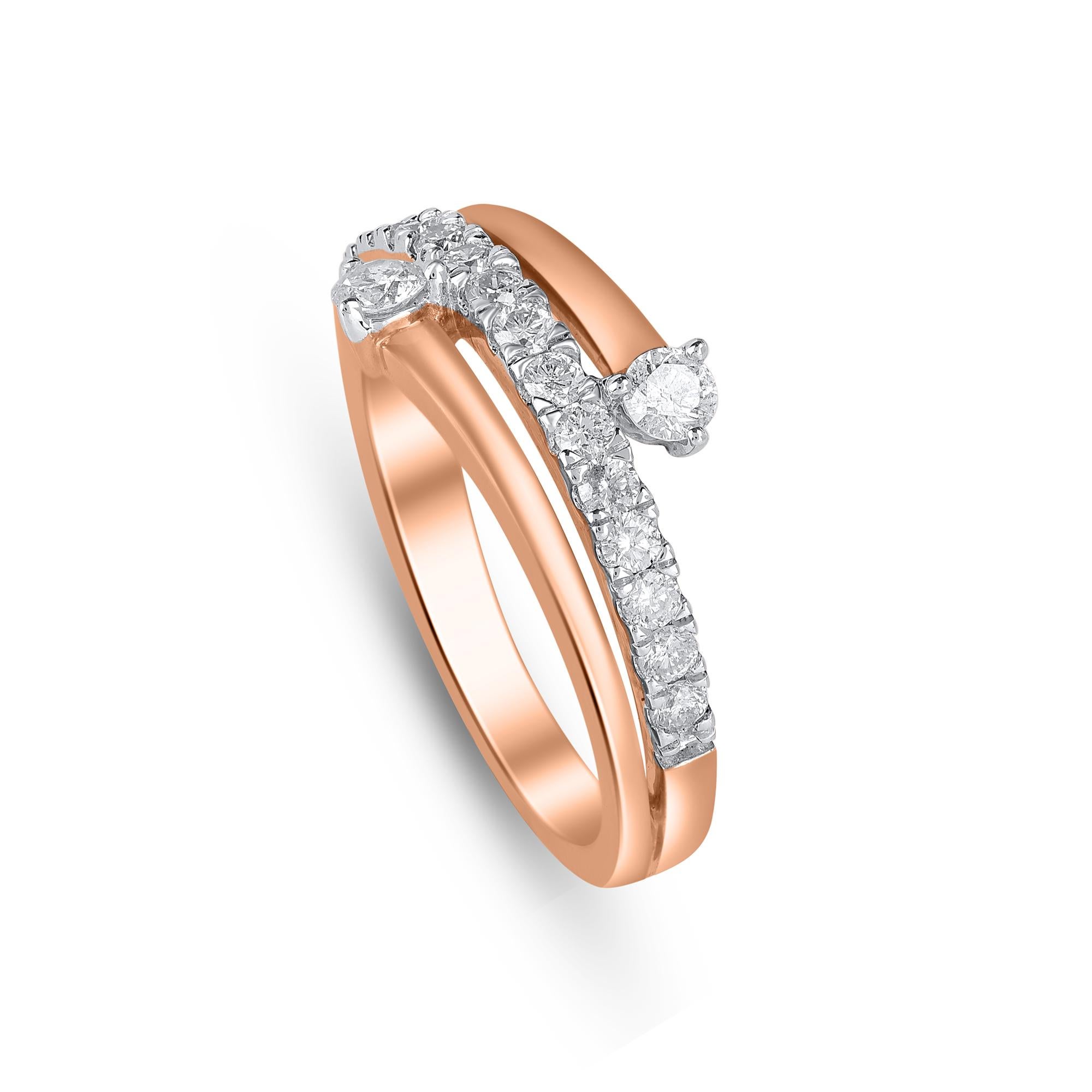 A modern makeover for a classic accessory, this diamond studded band glitters with 17 round diamonds in micro-prong setting. This diamond band is crafted in 18 kt rose gold.  Diamonds are graded JK color, I3 clarity. 