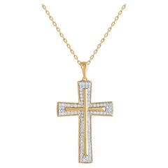 TJD Collier pendentif croix en or jaune 18 carats avec diamants brillants de 0,50 carat