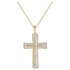 TJD 0.50 Carat Brilliant Diamond 18 Karat Yellow Gold Cross Pendant Necklace