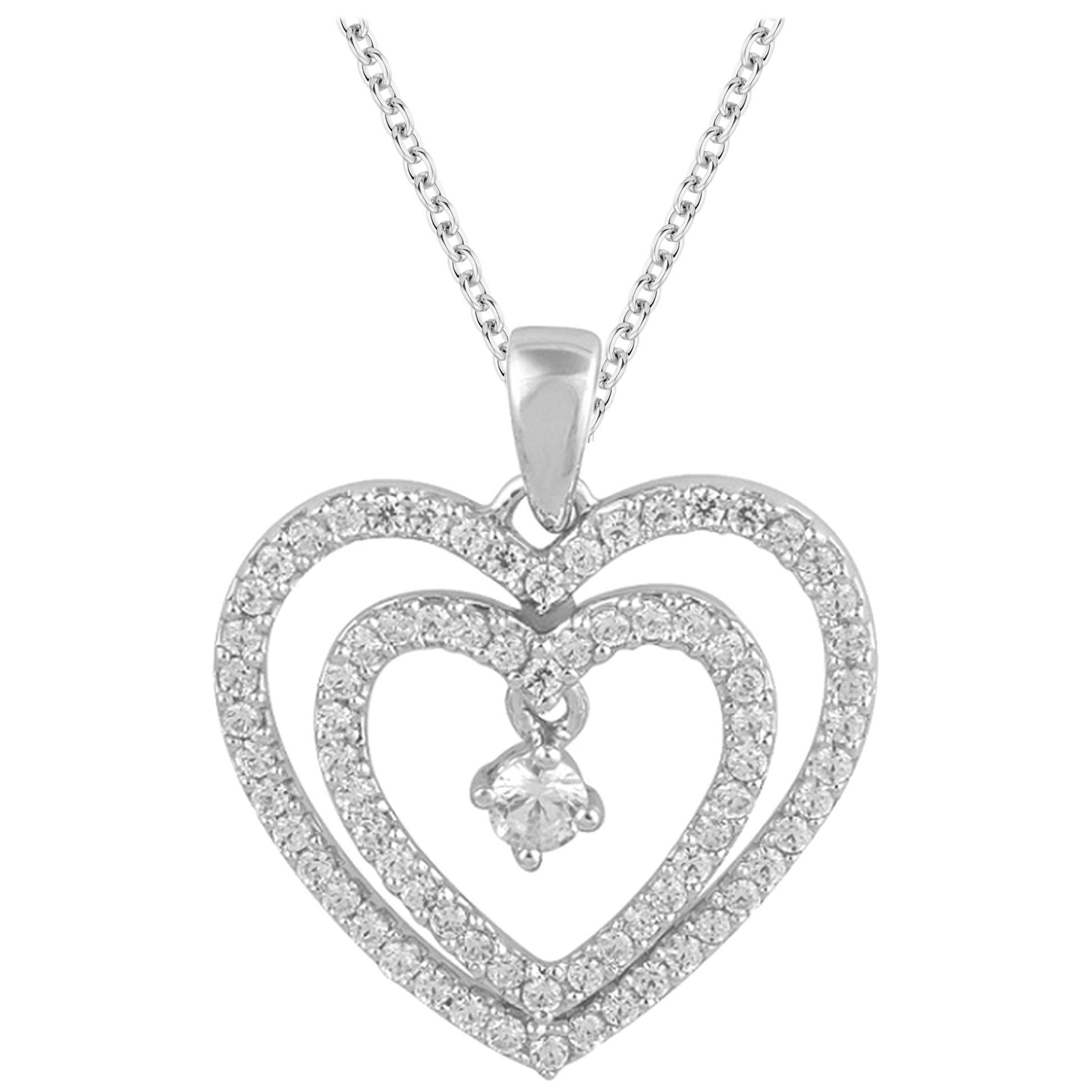 TJD 0.50 Carat Diamond 14 Karat White Gold Beautiful Double Heart Pendant