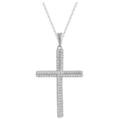 TJD 0.50 Carat Diamond 14 Karat White Gold Vintage Two Row Fashion Cross Pendant