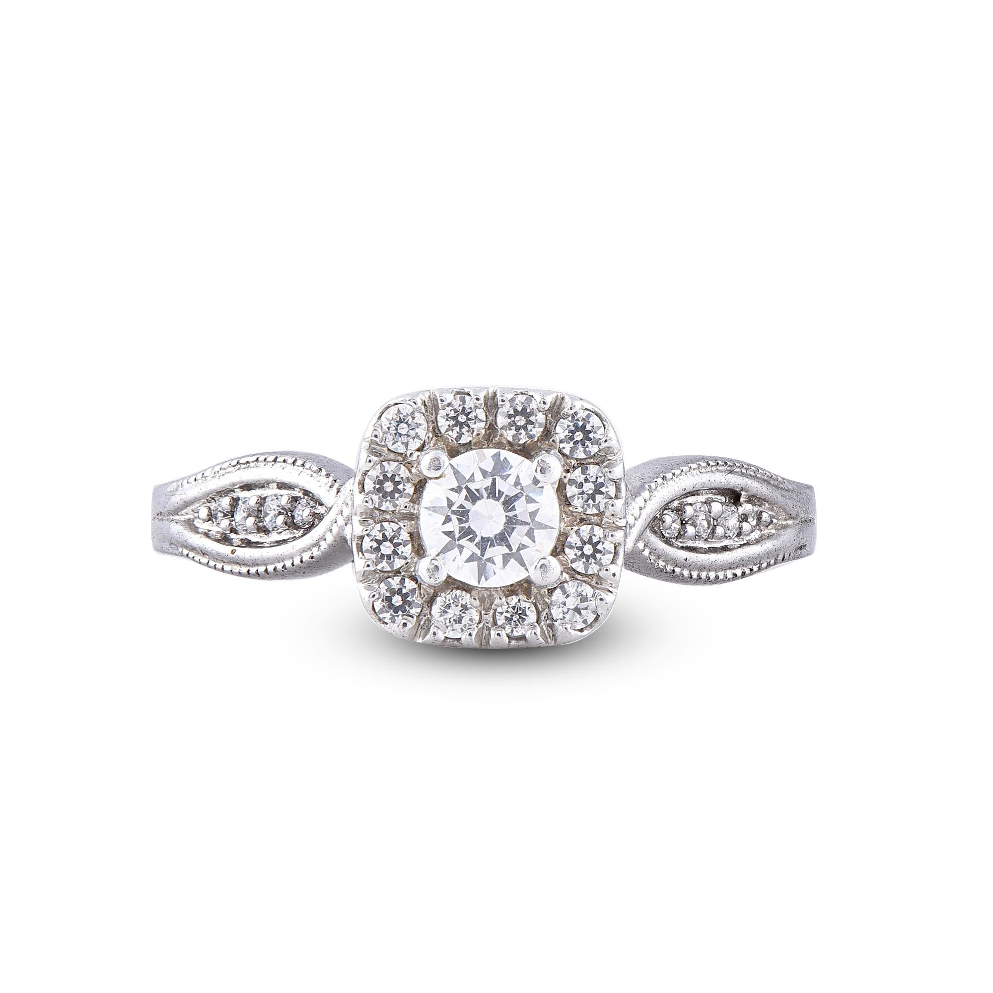 Round Cut TJD 0.50 Carat Diamond 18 Karat White Gold Halo Designer Engagement Ring For Sale