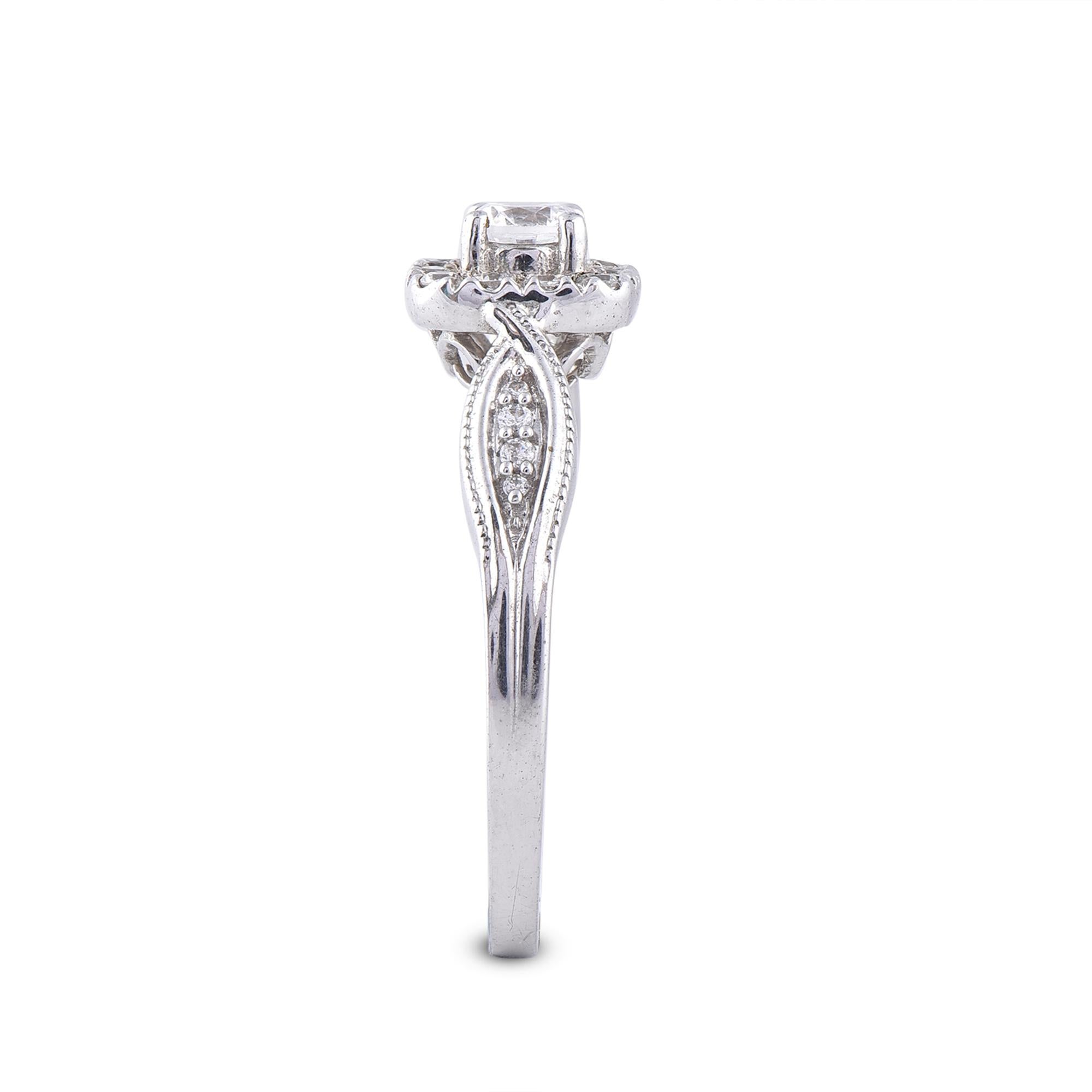 Round Cut TJD 0.50 Carat Diamond 18 Karat White Gold Halo Designer Engagement Ring For Sale