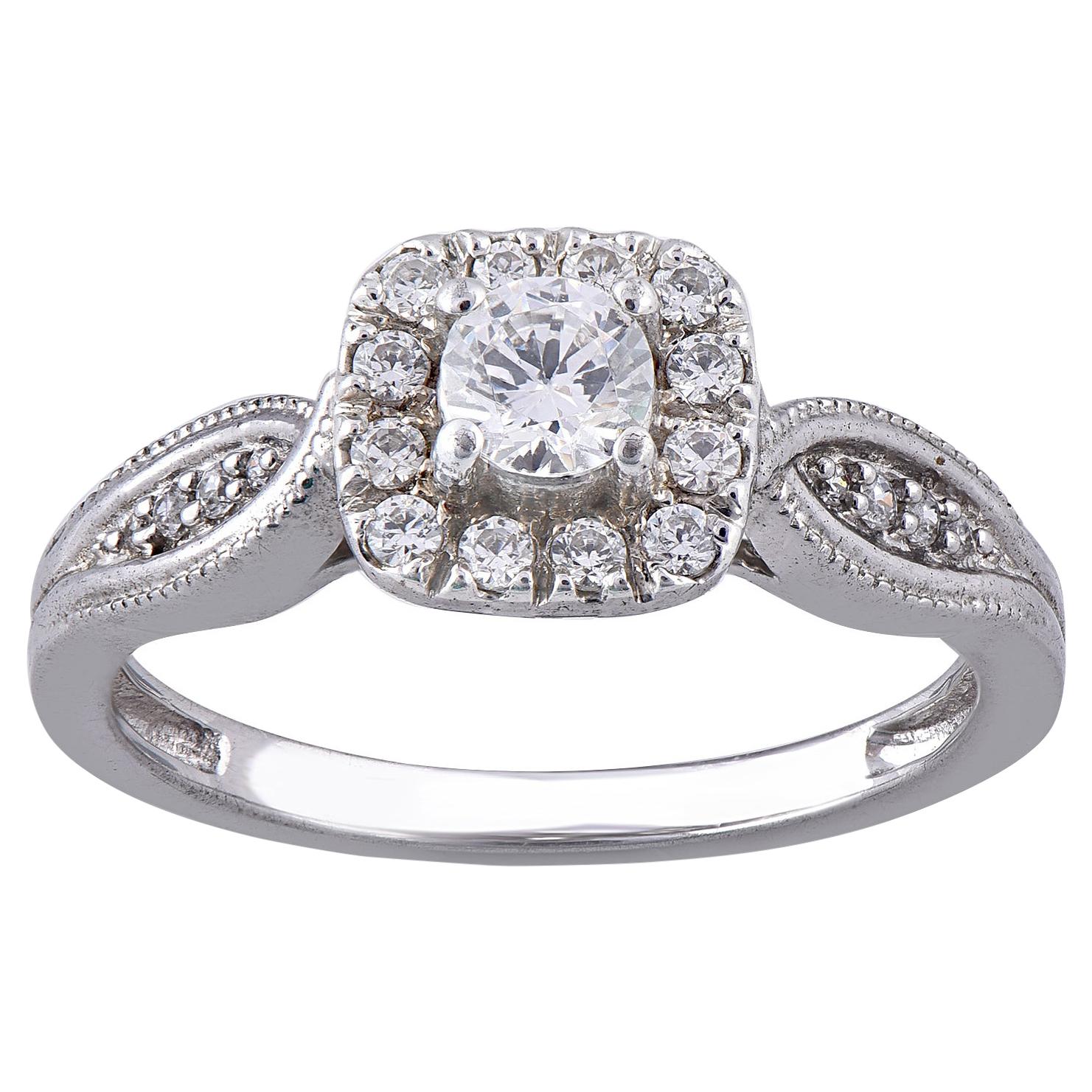 TJD 0.50 Carat Diamond 18 Karat White Gold Halo Designer Engagement Ring For Sale