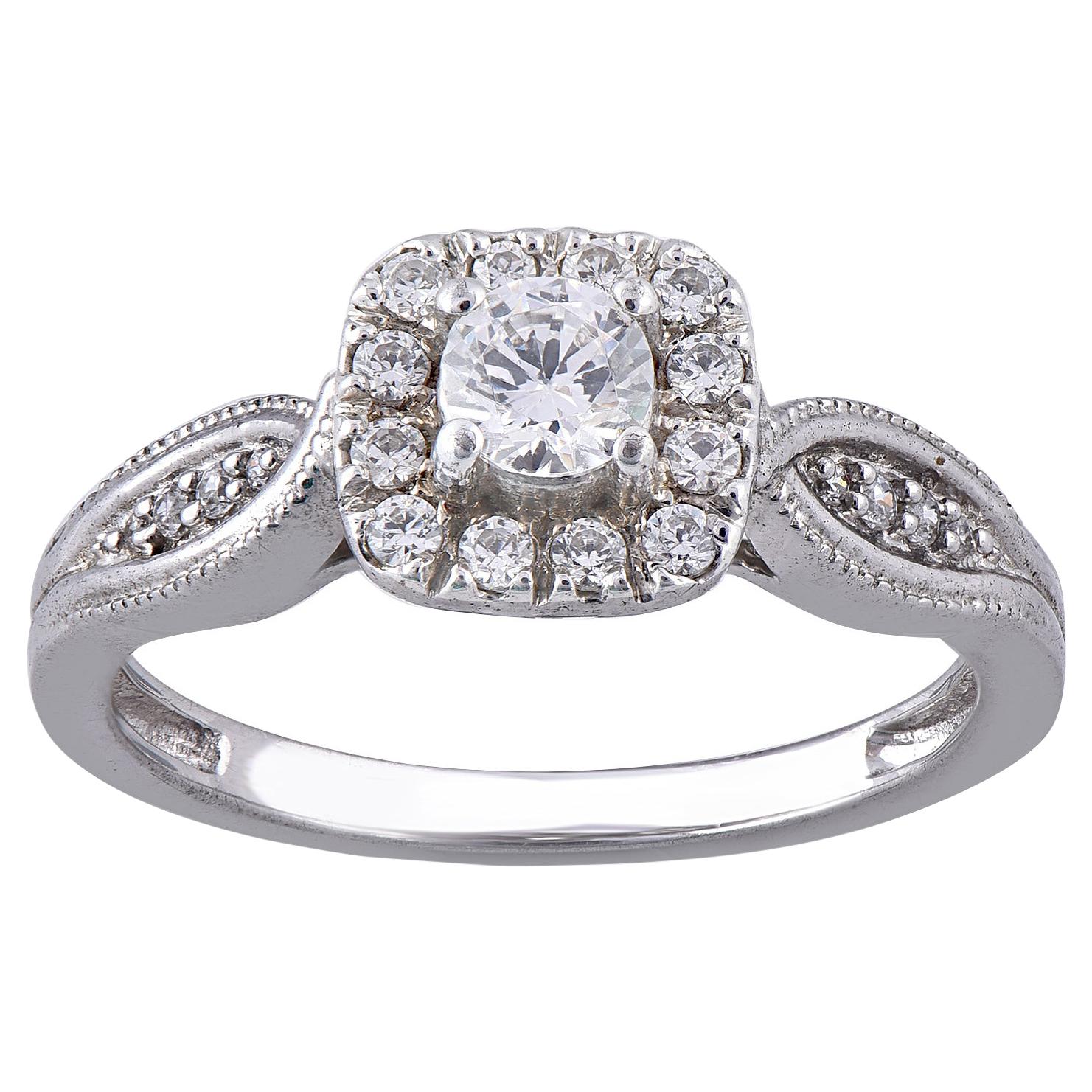 TJD 0.50 Carat Diamond 18 Karat White Gold Halo Designer Engagement Ring