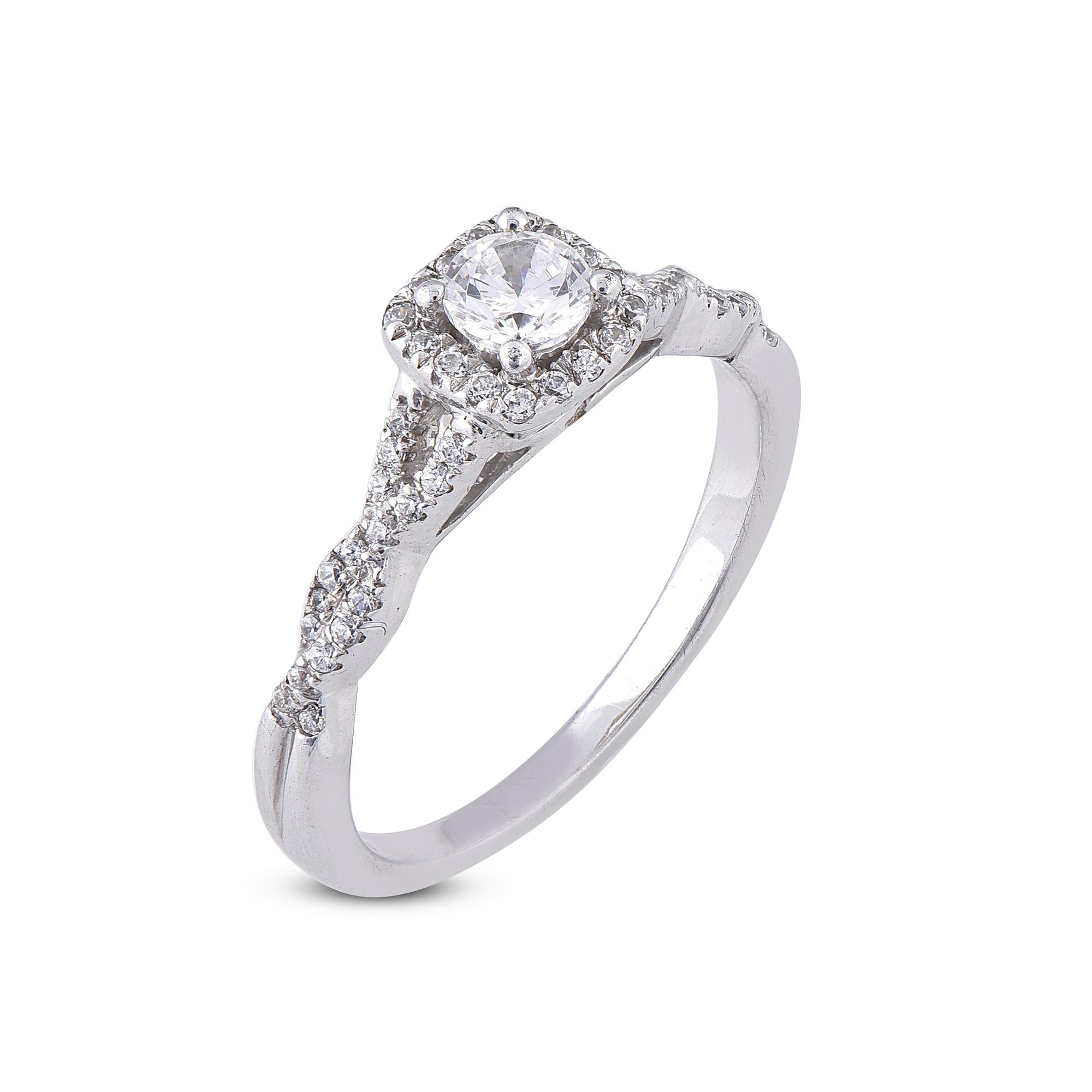 Exquisite 18 Karat white gold engagement ring featuring with 51 round white diamonds. This ring is superbly detailed to perfection and set with 0.30ct of center stone and remaining 0.20 of sparkling round diamonds in secured pave and prong setting.