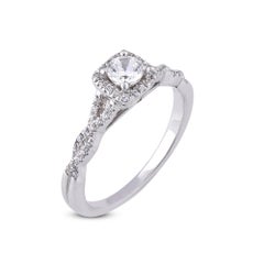 TJD 0.50 Carat Diamond 18 Karat White Gold Halo Twisted Shank Engagement Ring