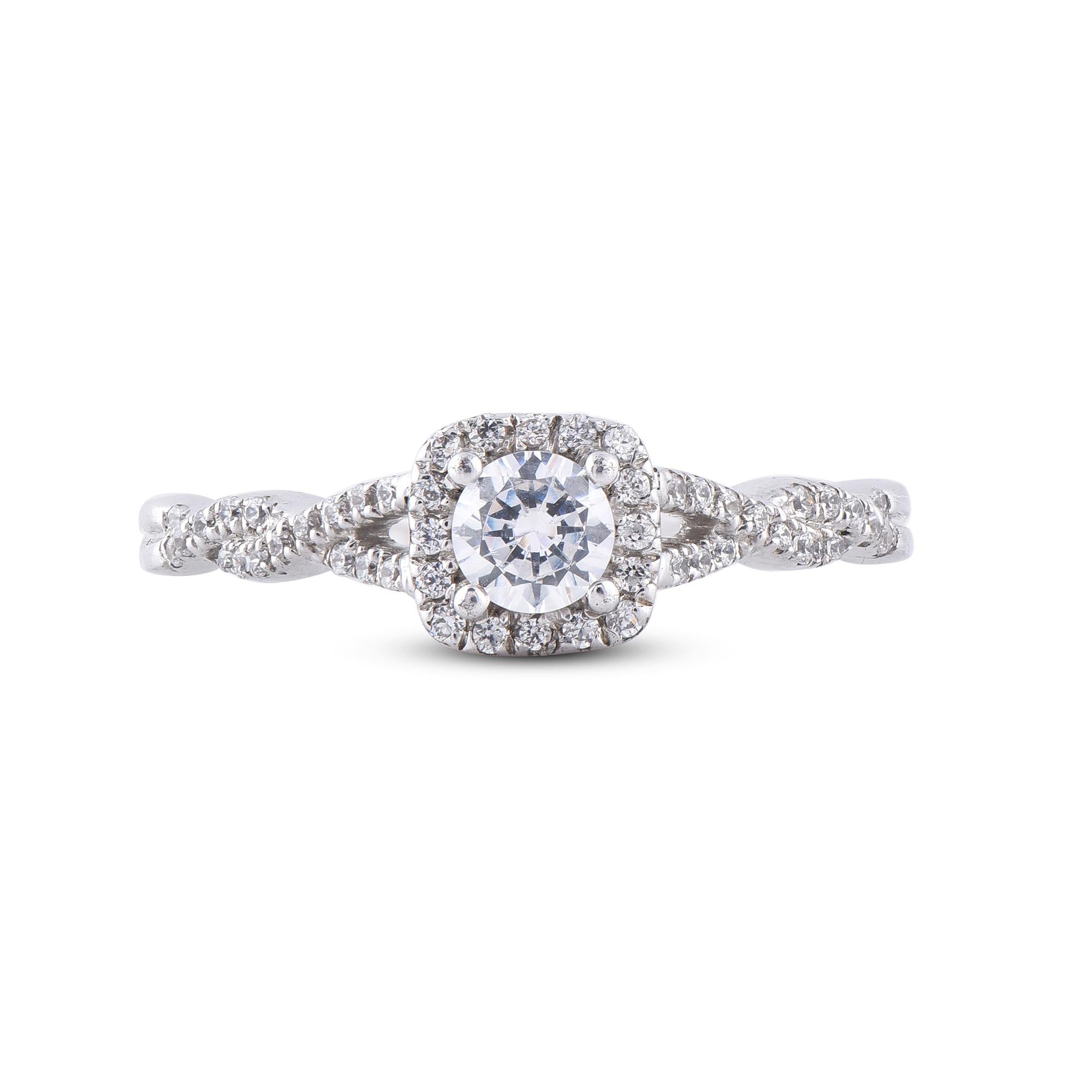 Round Cut TJD 0.50 Carat Diamond 18 Karat White Gold Halo Twisted Shank Engagement Ring For Sale