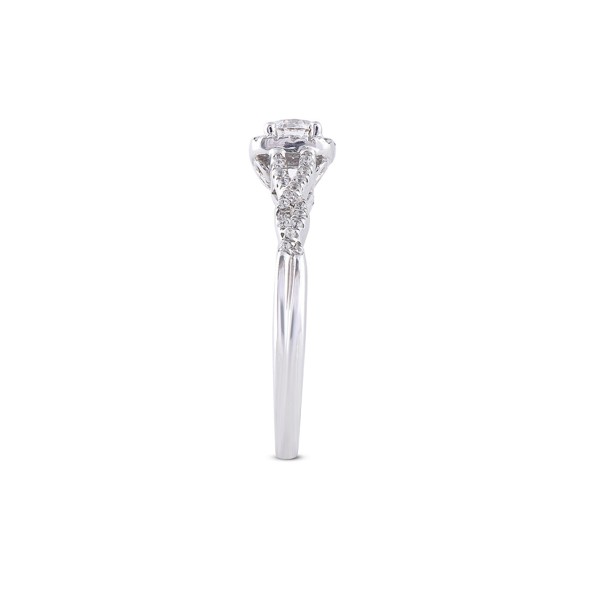 TJD 0.50 Carat Diamond 18 Karat White Gold Halo Twisted Shank Engagement Ring In New Condition For Sale In New York, NY