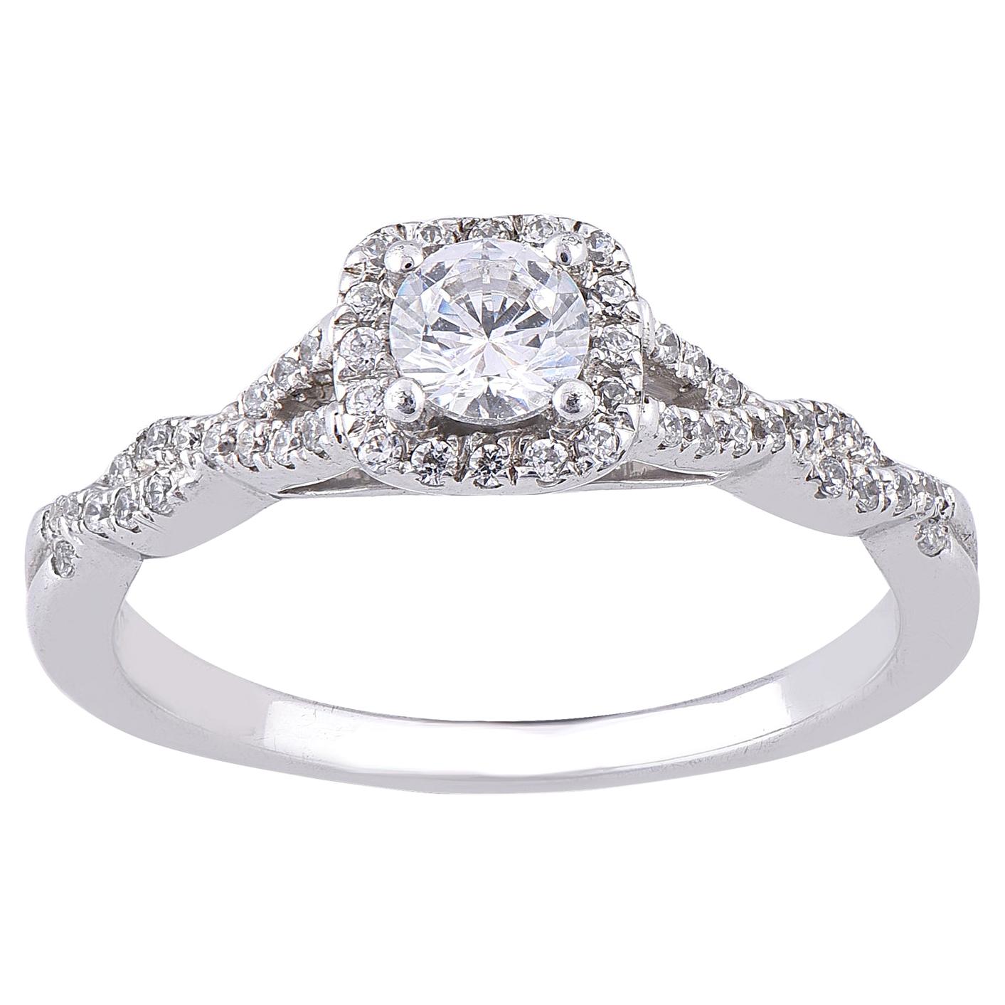TJD 0.50 Carat Diamond 18 Karat White Gold Halo Twisted Shank Engagement Ring For Sale