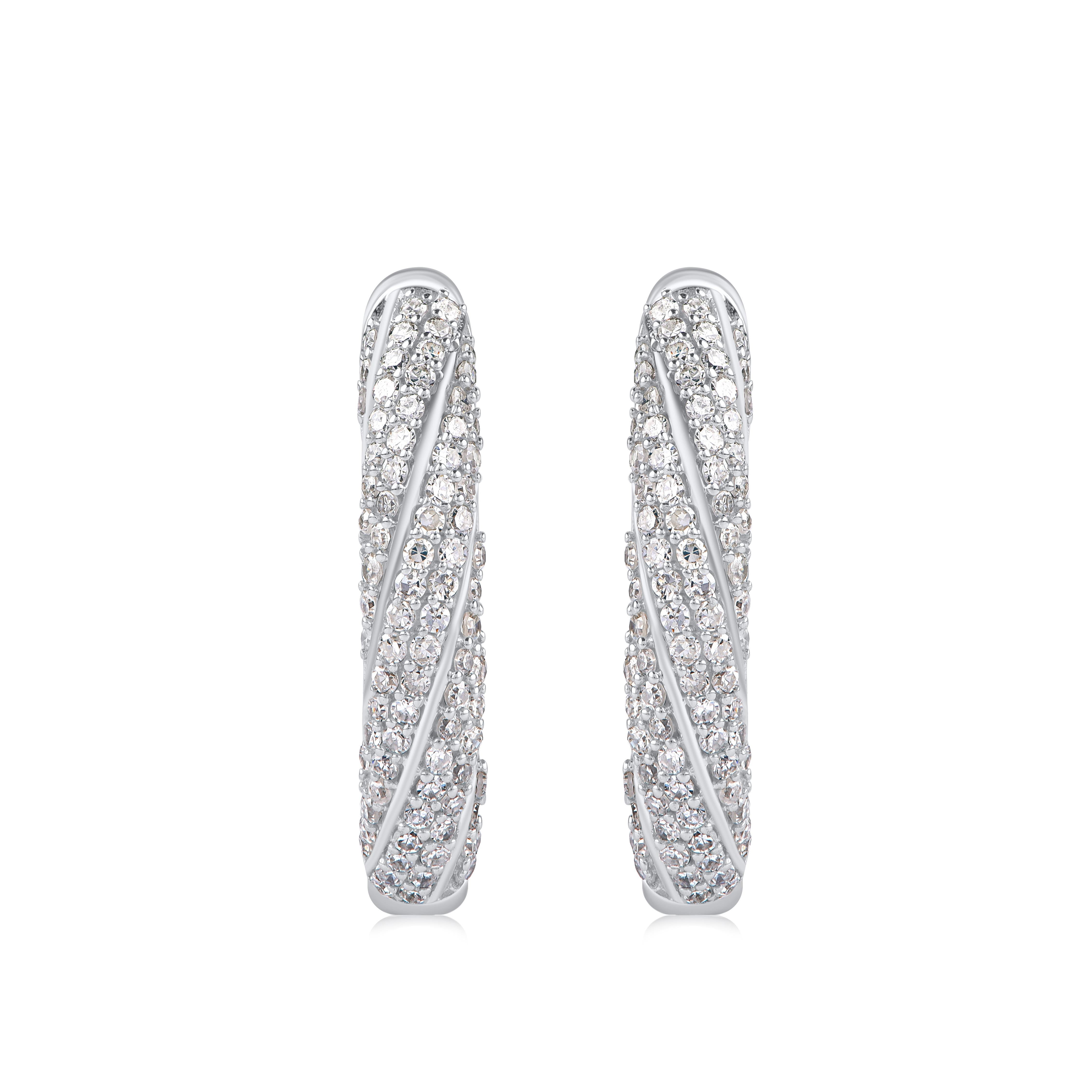 Round Cut TJD 0.50 Carat Diamond 18 Karat White Gold Spiral Design Hoop Huggie Earrings For Sale