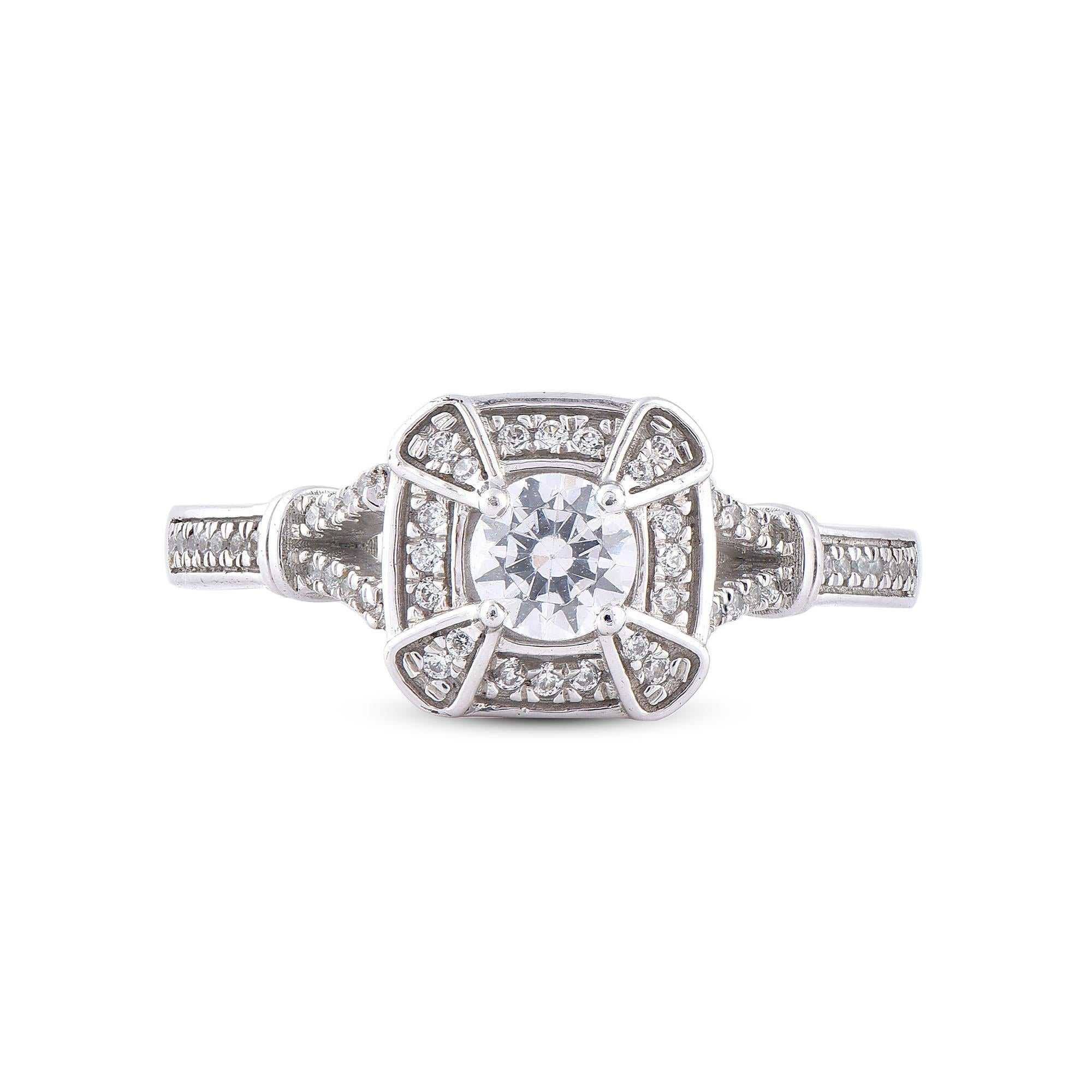 Round Cut TJD 0.50 Carat Diamond 18 Karat White Gold Sqare Frame Engagement Ring For Sale