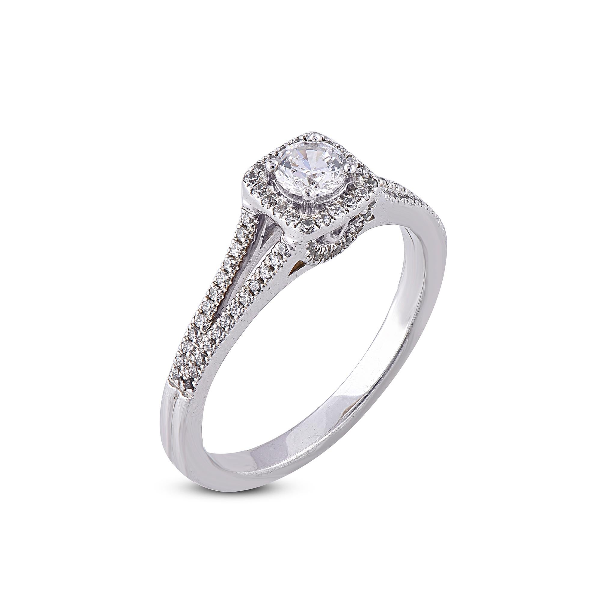 Truly exquisite, this diamond ring is sure to be admired for the inherent classic beauty and elegance within its design. This engagement ring features 0.50 carat of 87 round diamond studded in Pave and Prong setting. The diamonds are natural,