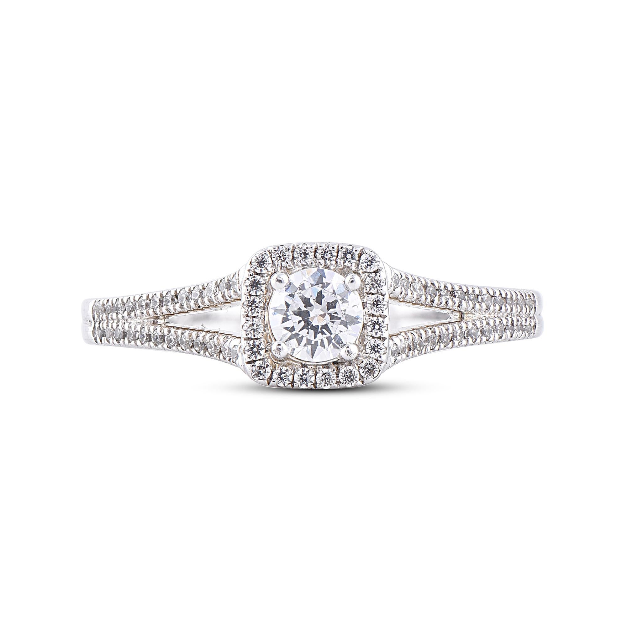 Round Cut TJD 0.50 Carat Diamond 18 Karat White Gold Square Halo Engagement Ring For Sale