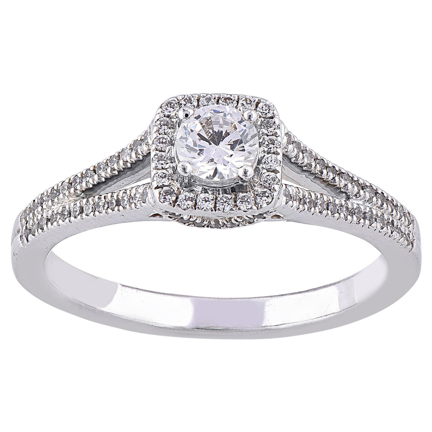 TJD 0.50 Carat Diamond 18 Karat White Gold Square Halo Engagement Ring