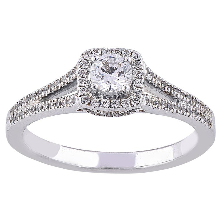 TJD 0.50 Carat Diamond 18 Karat White Gold Square Halo Engagement Ring ...
