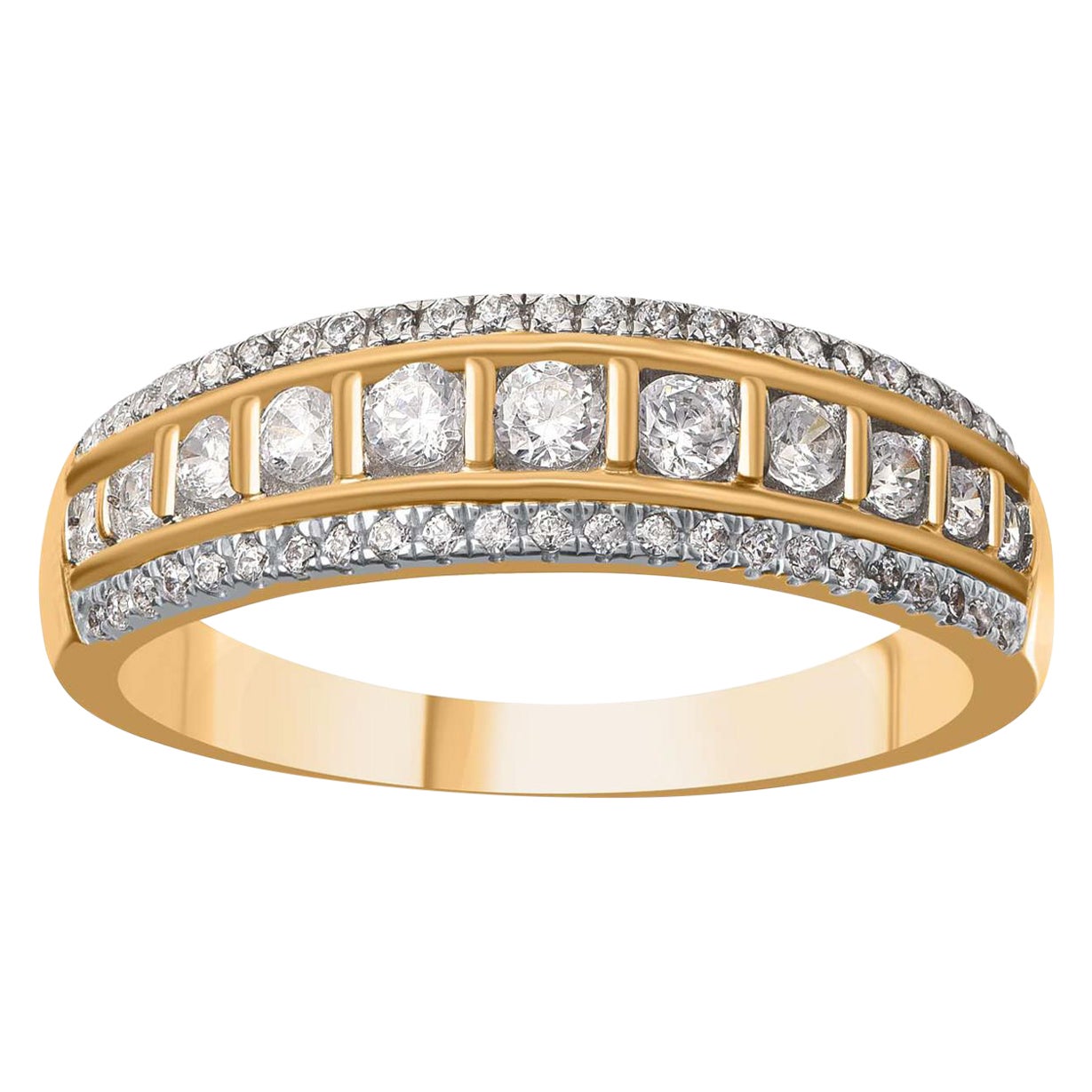 TJD 0.50 Carat Diamond 18 Karat Yellow Gold Three Row Pattern Wedding Ring