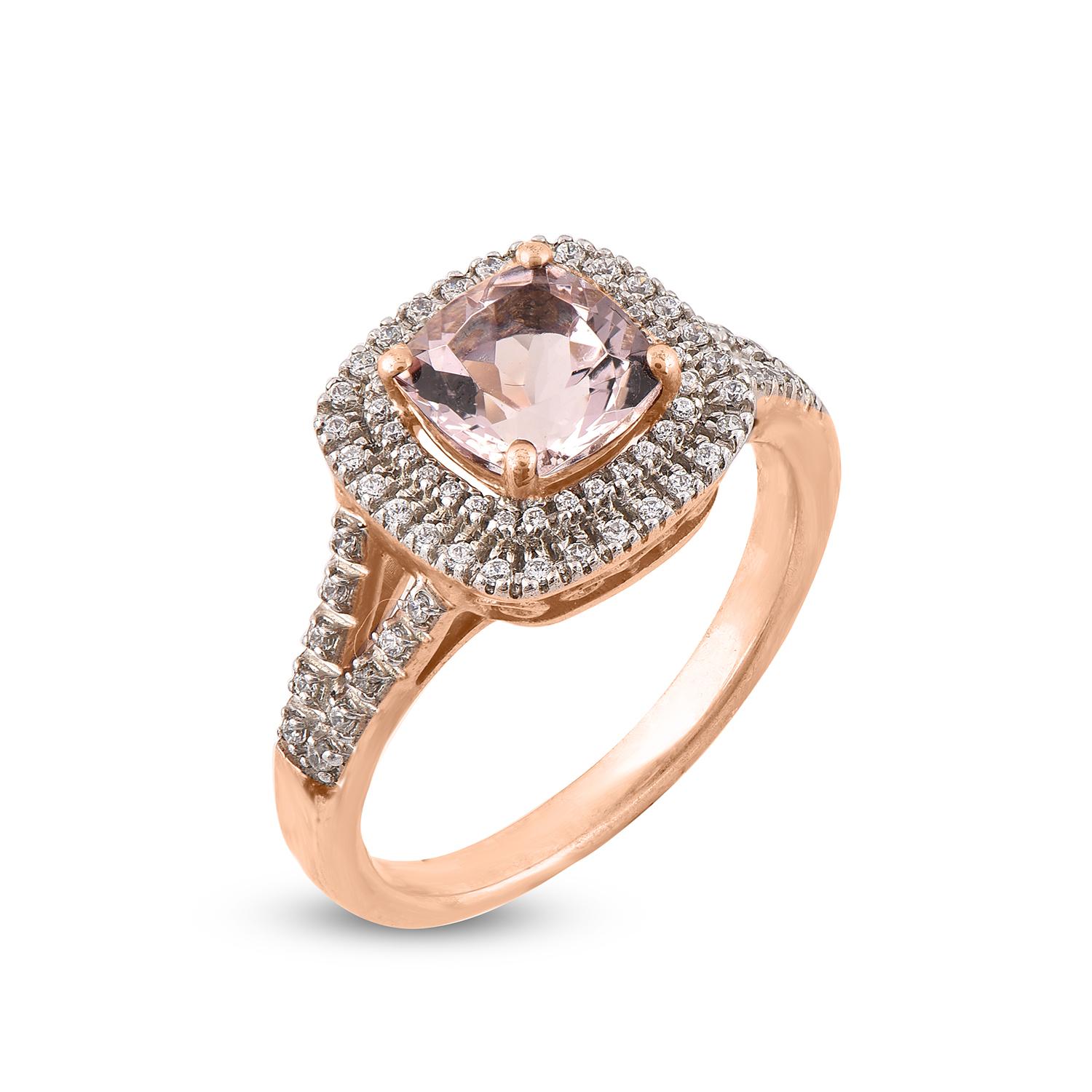 Handcrafted by our in-house experts in 14 karat rose gold and embellished with 80 diamonds and 1 Cushion cut 6mm morganite set in prong setting. The diamonds are graded HI color, I2 clarity. 
