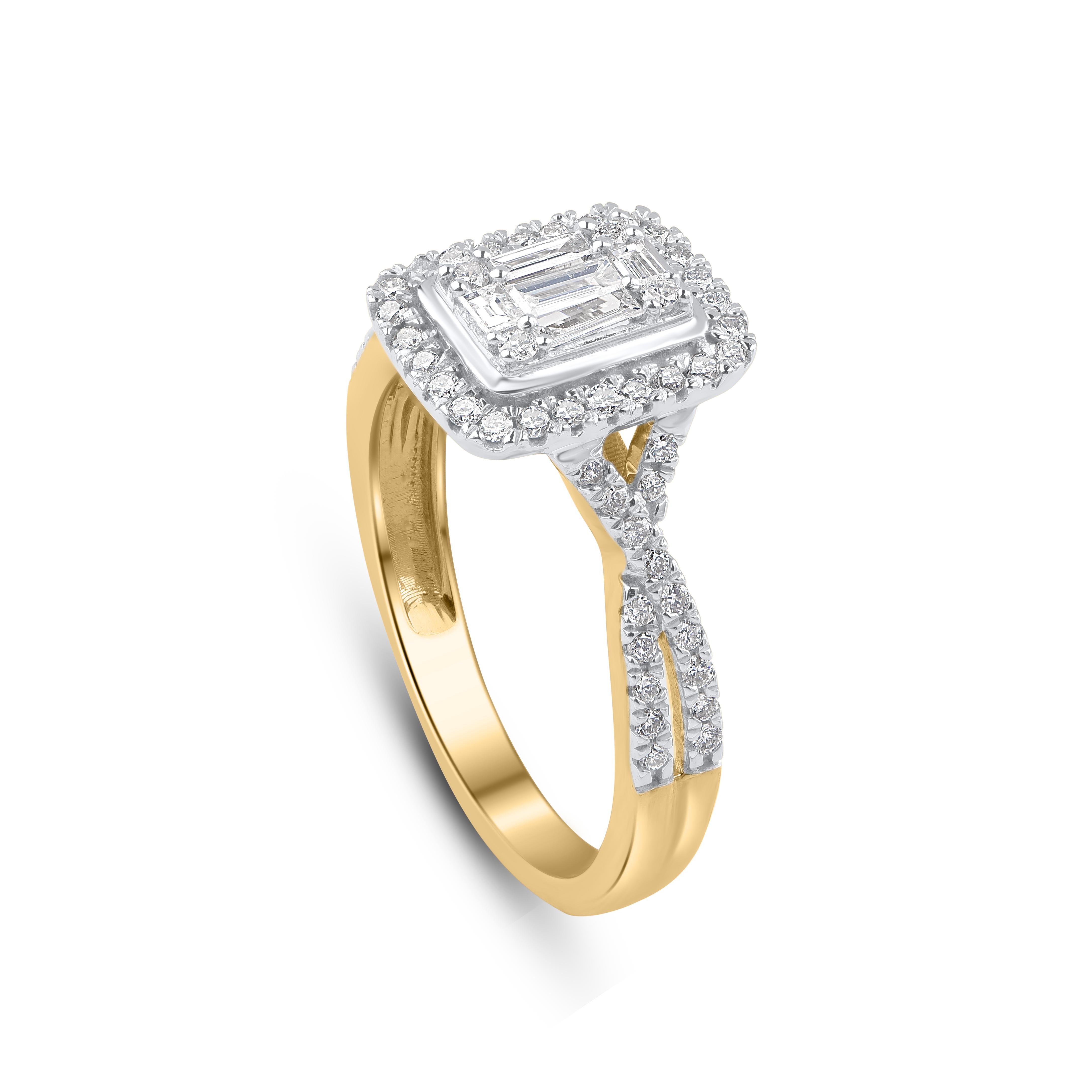 This diamond engagement ring is studded with 62 round-cut and 5 baguette diamonds in micro-prong and prong setting and crafted in 10 kt yellow gold, diamonds are graded H-I Color, I2 Clarity. Ring size is US size 7 and can be resized on request.
