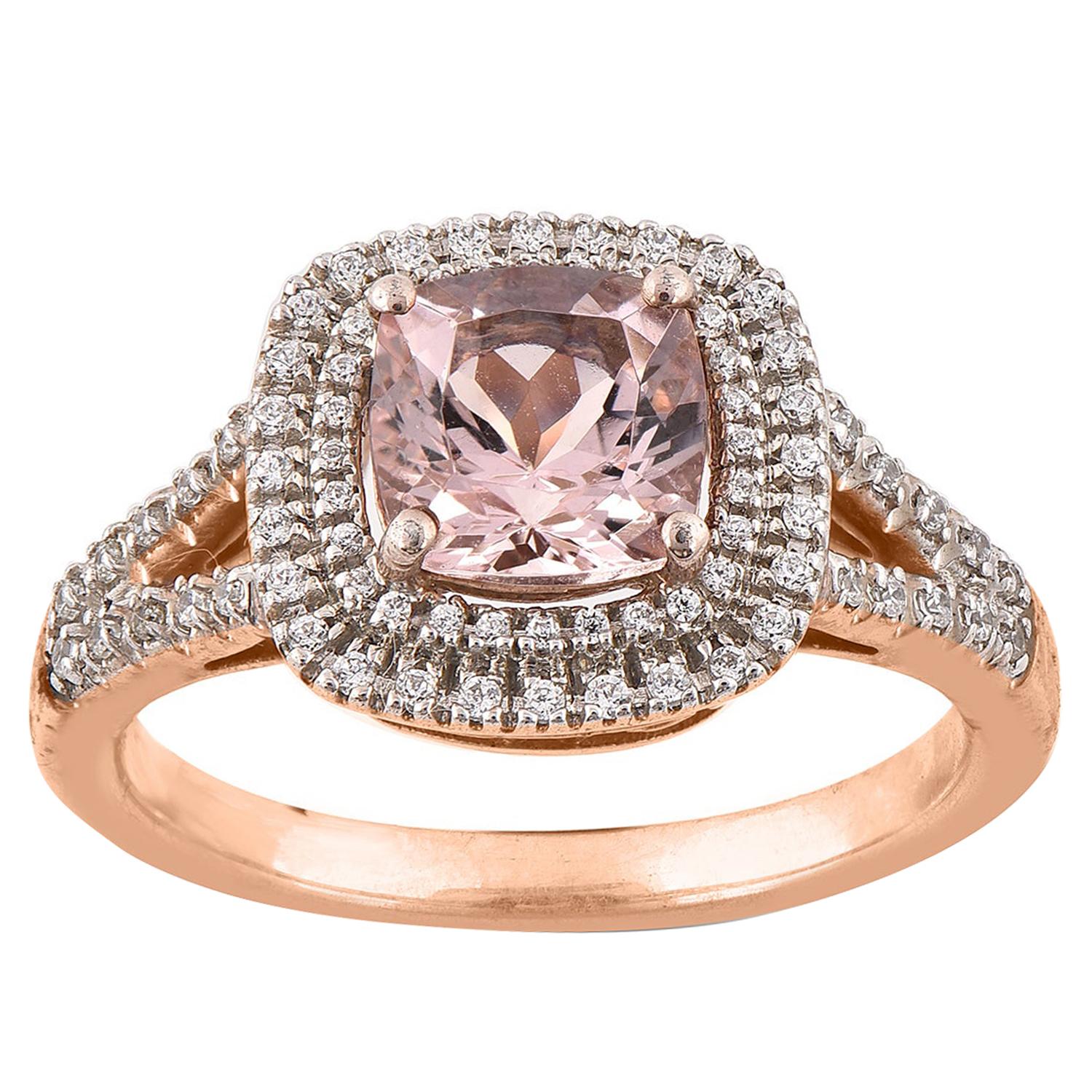 TJD Bague en or rose 14 carats, diamant naturel 0,50 carat et Morganite taille coussin