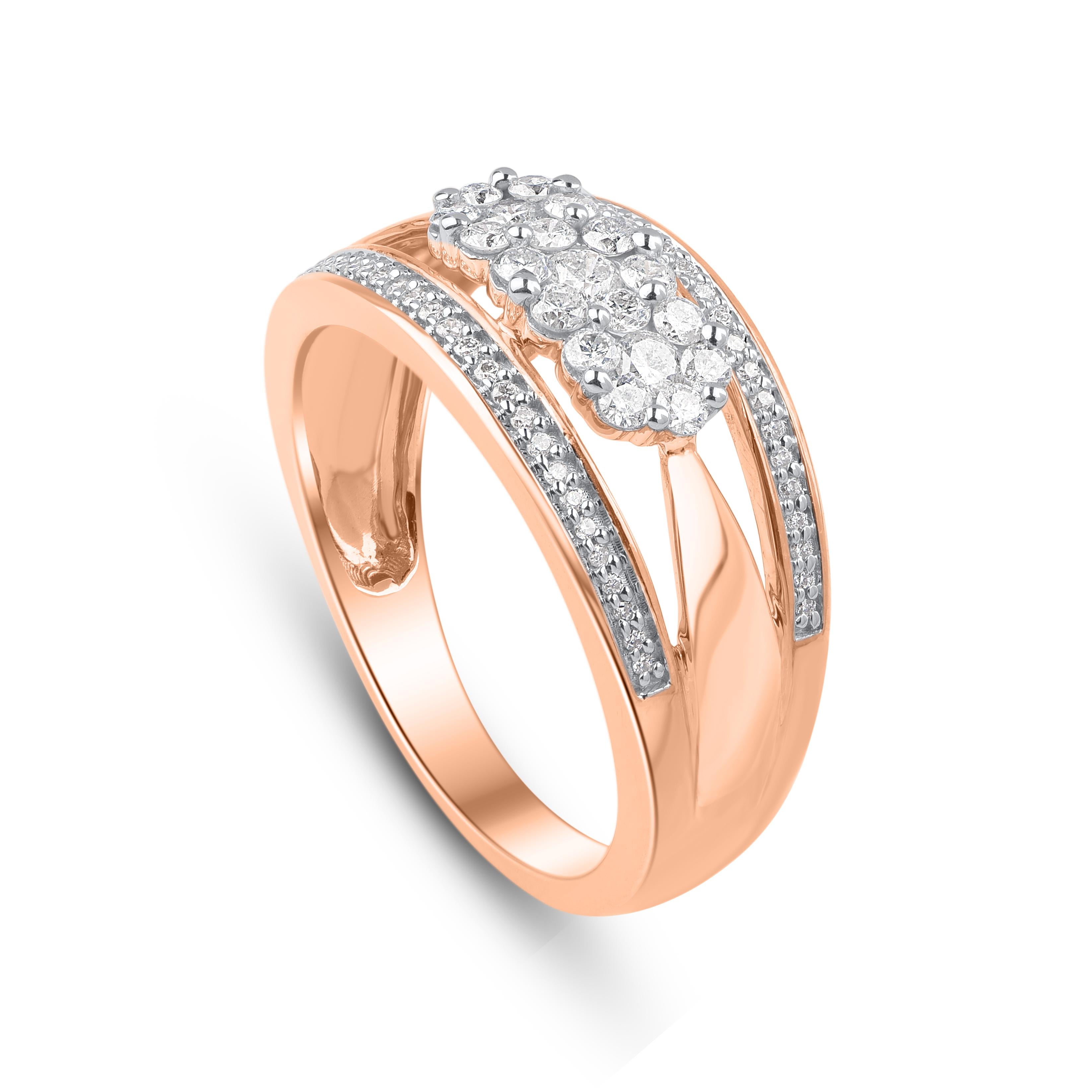 A magnificent studded ring will add extra shine to your attire. Made 10 kt rose gold and studded with 69 round-cut diamonds in pressure and pave setting, diamonds are graded H-I Color, I2-I3 Clarity. Ring size is US size 7 and can be resized on