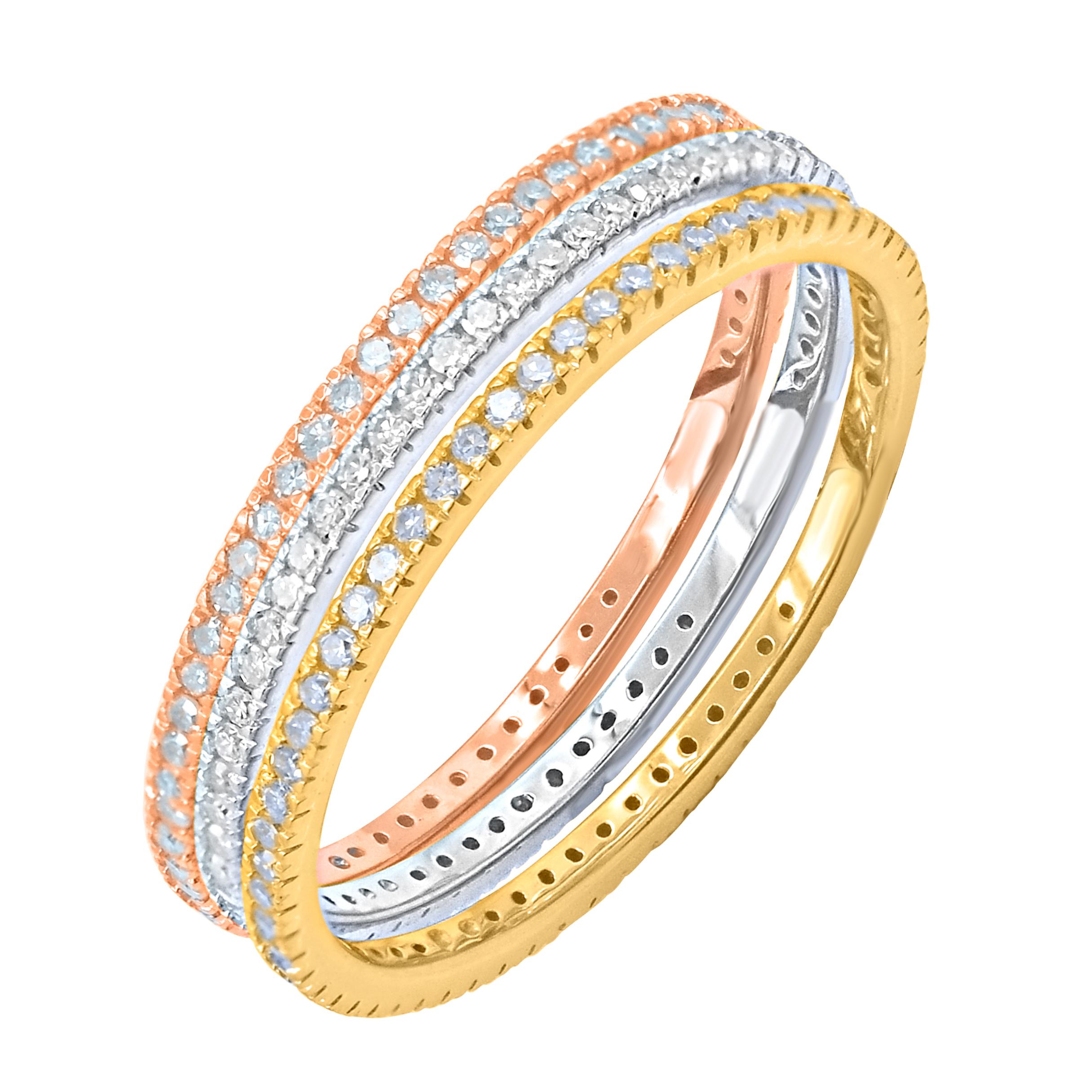 This three-piece diamond band set is a look she'll turn to often. This set includes one piece each rose, yellow and white gold. This ring is beautifully crafted in 14 Karat white, rose and yellow gold and embedded with 168 single cut round diamond