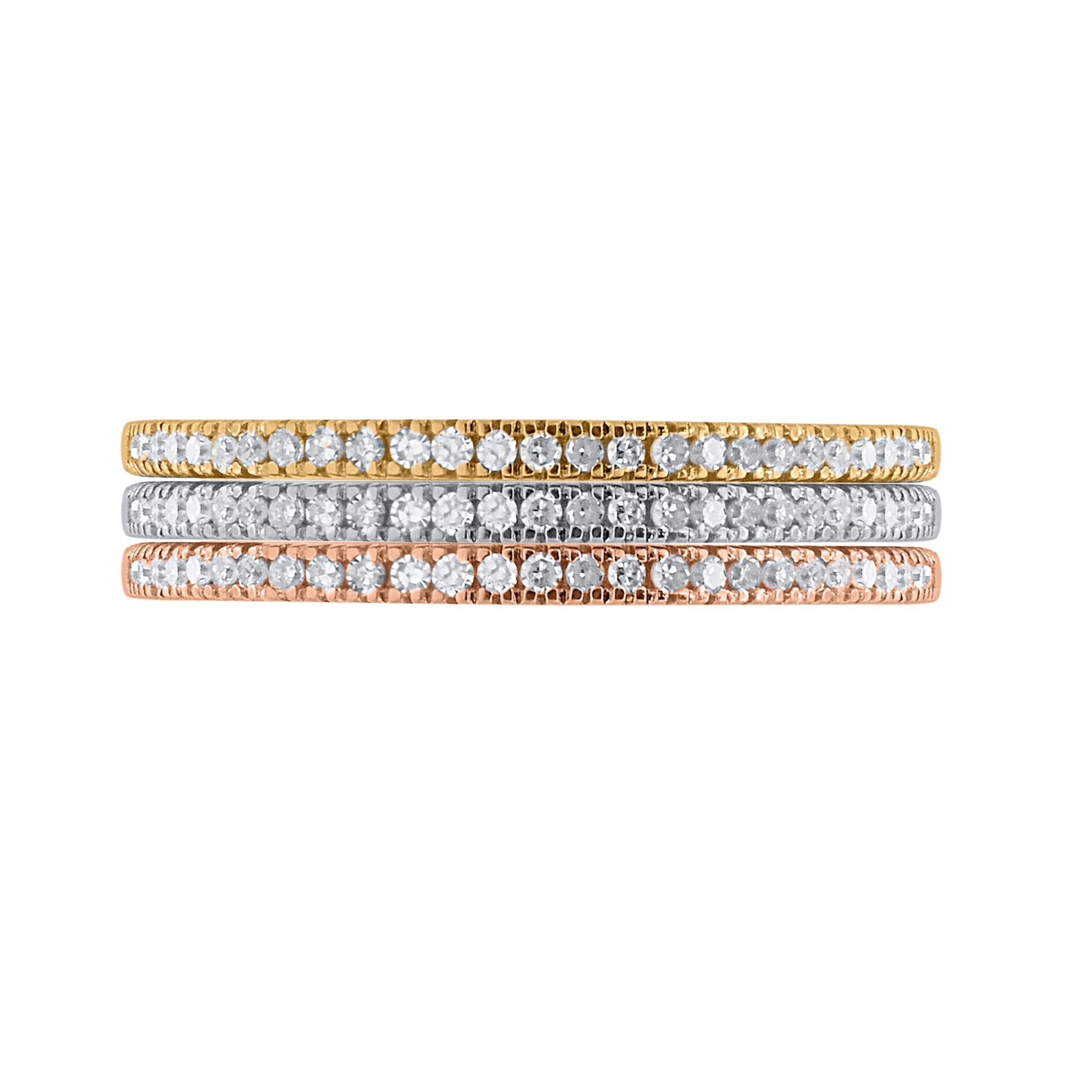 Contemporary TJD 0.50 Carat Diamond Three Piece Stackable Band Set in 14 Karat Tri-Tone Gold For Sale