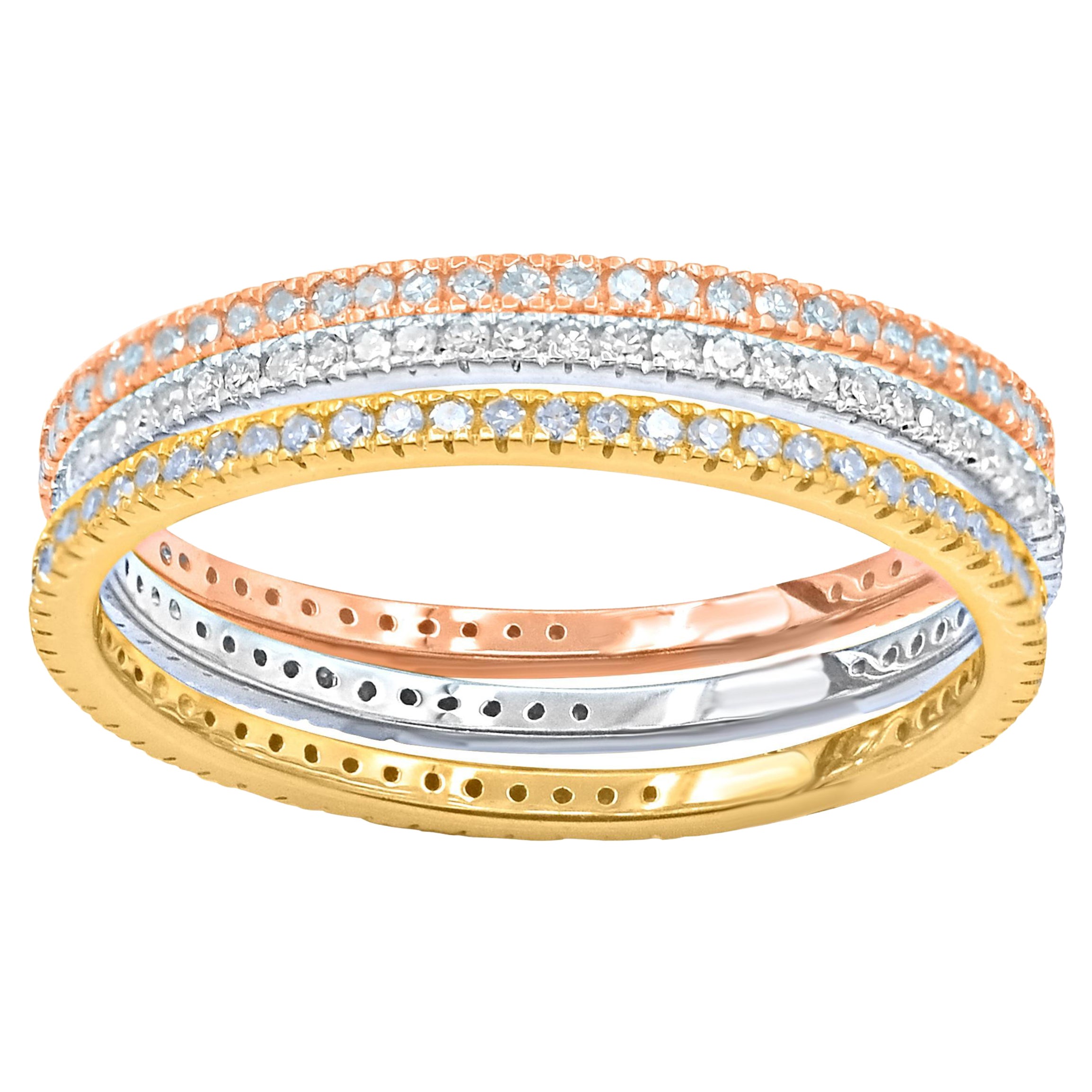 TJD 0.50 Carat Diamond Three Piece Stackable Band Set in 14 Karat Tri-Tone Gold