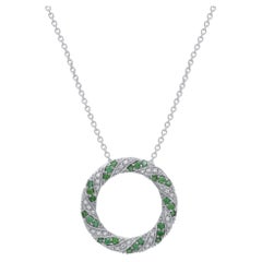 TJD 0.50 Carat Emerald and Round Diamond 14KT White Gold Open Circle Pendant