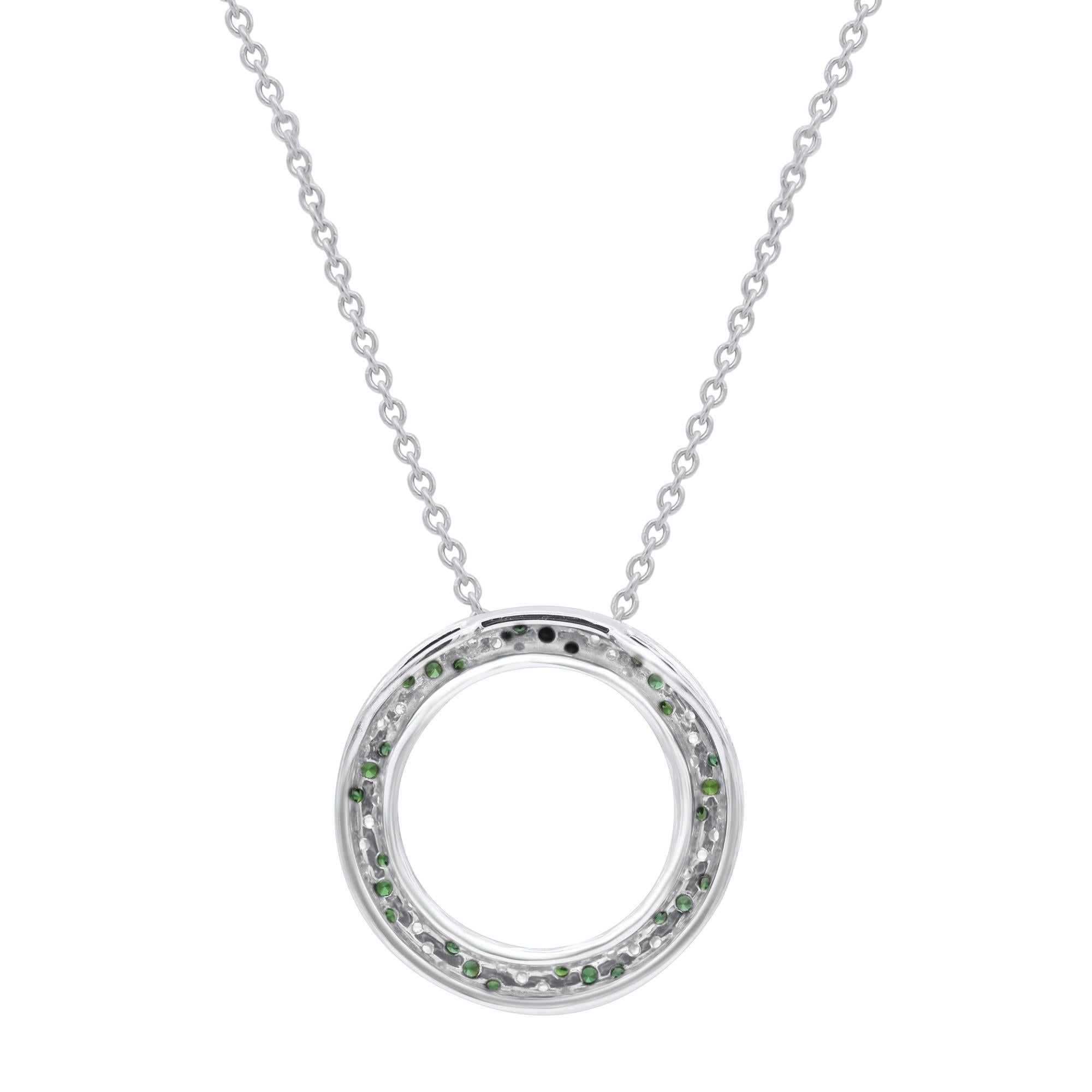 Modern TJD 0.50 Carat Emerald and Round Diamond 18KT White Gold Open Circle Pendant For Sale
