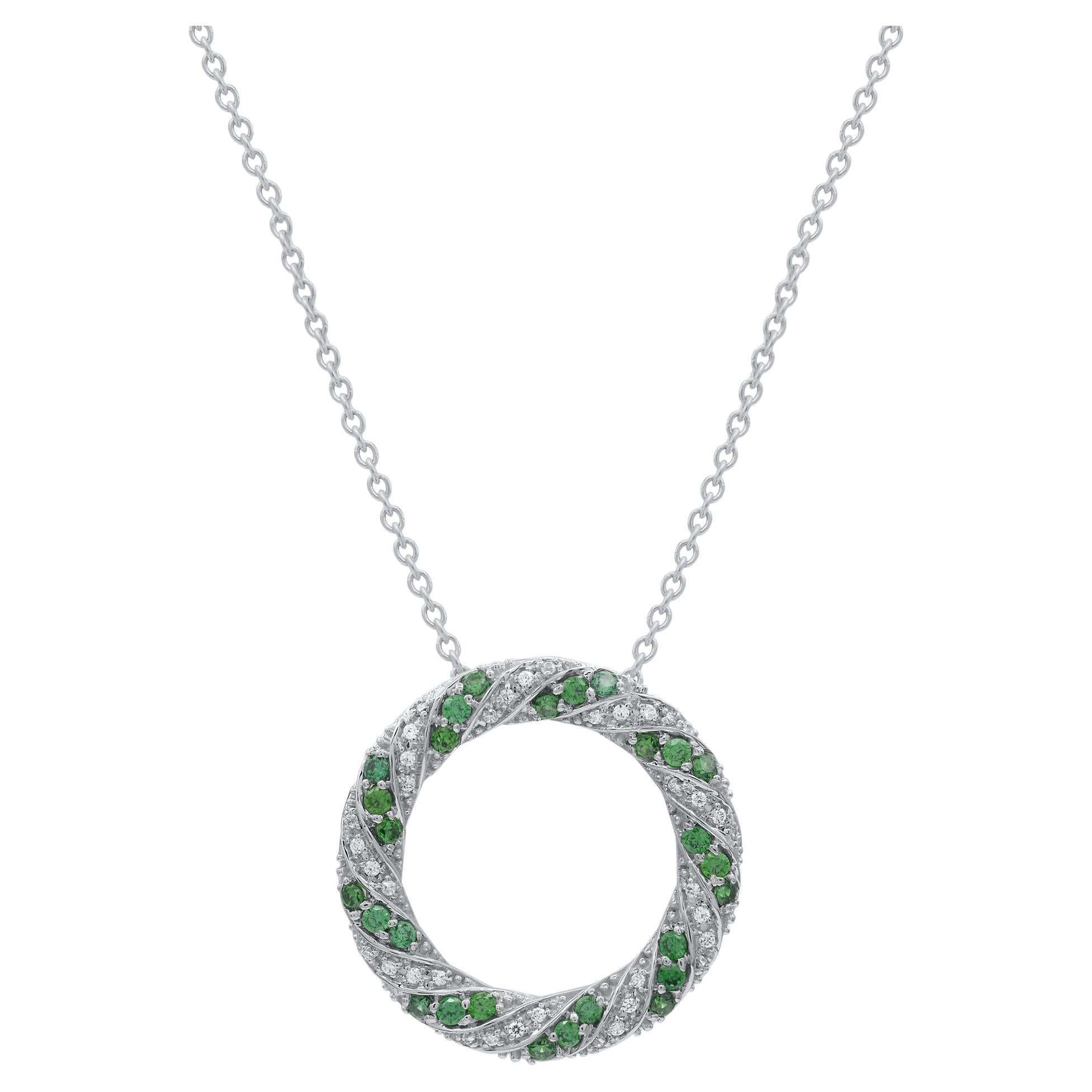 TJD 0.50 Carat Emerald and Round Diamond 18KT White Gold Open Circle Pendant For Sale