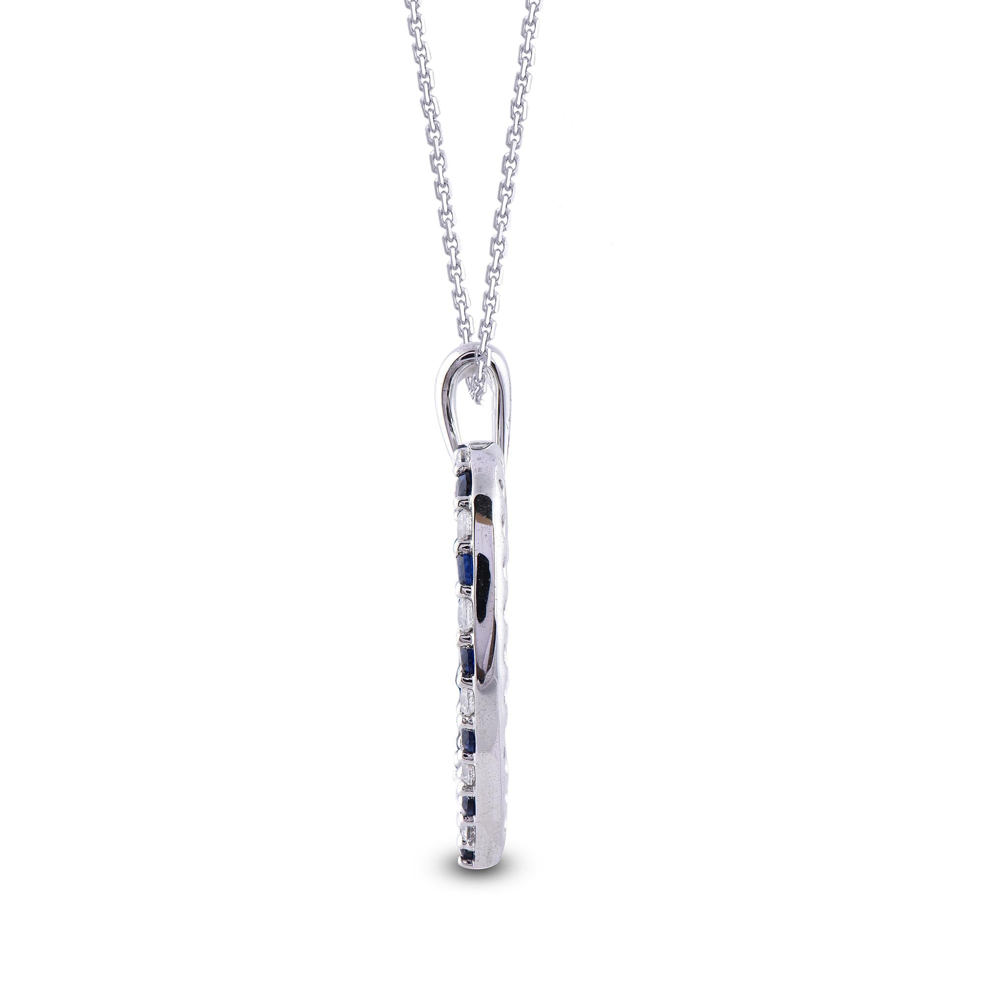 Round Cut TJD 0.50 Carat Nat. Blue Sapphire and Round Diamond 14K White Gold Heart Pendant For Sale