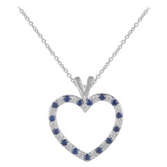 TJD 0.50 Carat Nat. Blue Sapphire and Round Diamond 14K White Gold Heart Pendant