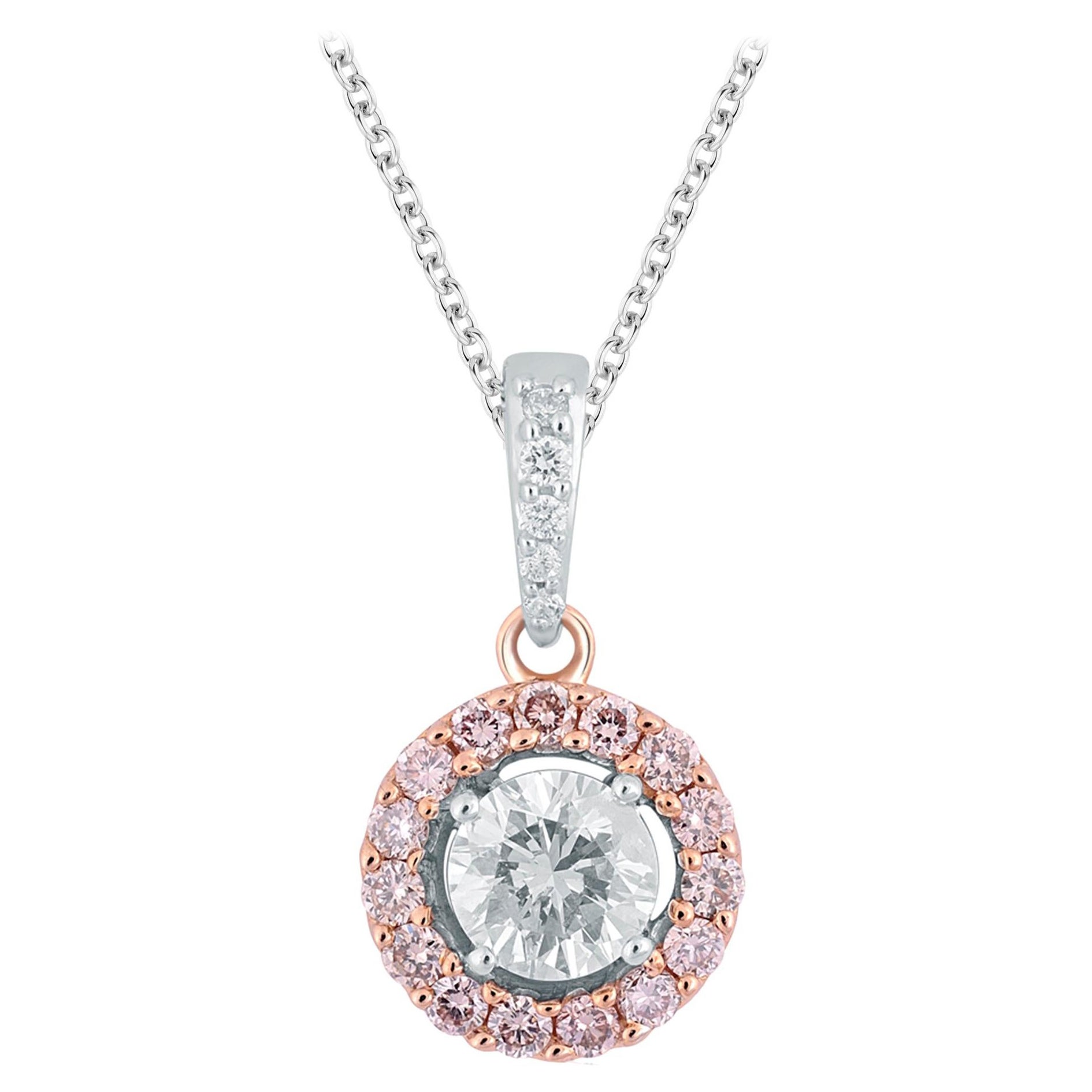 TJD 0.50 Carat Nat. Pink Rosé and White Diamond 18KT 2 Tone Halo Cluster Pendant