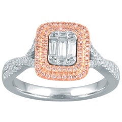 TJD 0.50 Carat Nat. Pink Rosé & White Diamond 14K WG Double Halo Engagement Ring