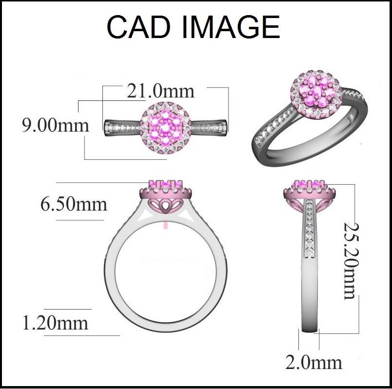 Truly exquisite, this cluster engagement ring is sure to be admired for the inherent classic beauty and elegance within its design. The total weight of diamonds 0.50 carat, H-I color, I1 Clarity and studded with 32 white and 7 pink diamond set in
