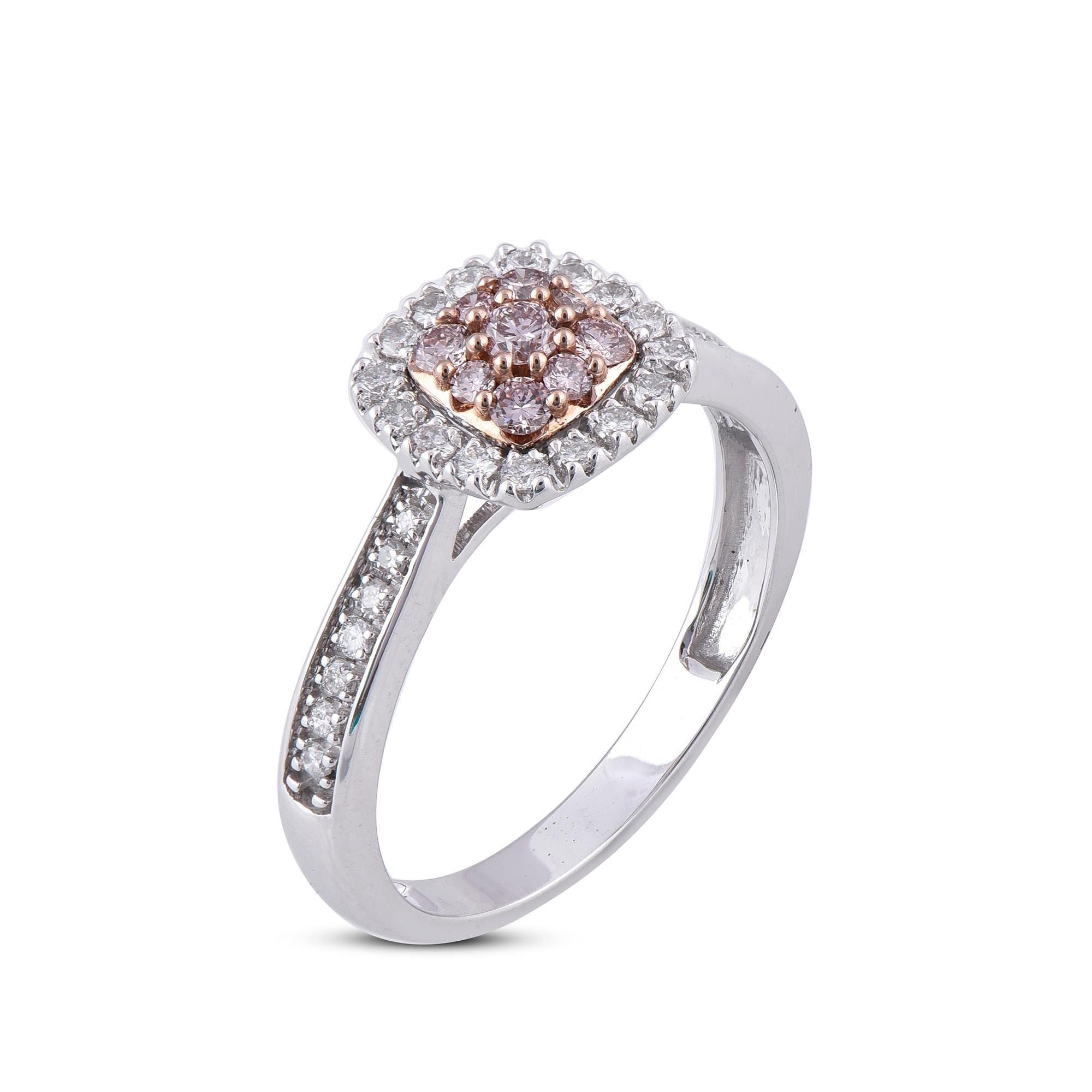 Honor the women you love with this designer cushion shaped diamond engagement ring is expertly crafted in 18 Karat white and rose gold and features 30 white and 9 pink diamond set in micro-prong and prong setting. This engagement ring has high