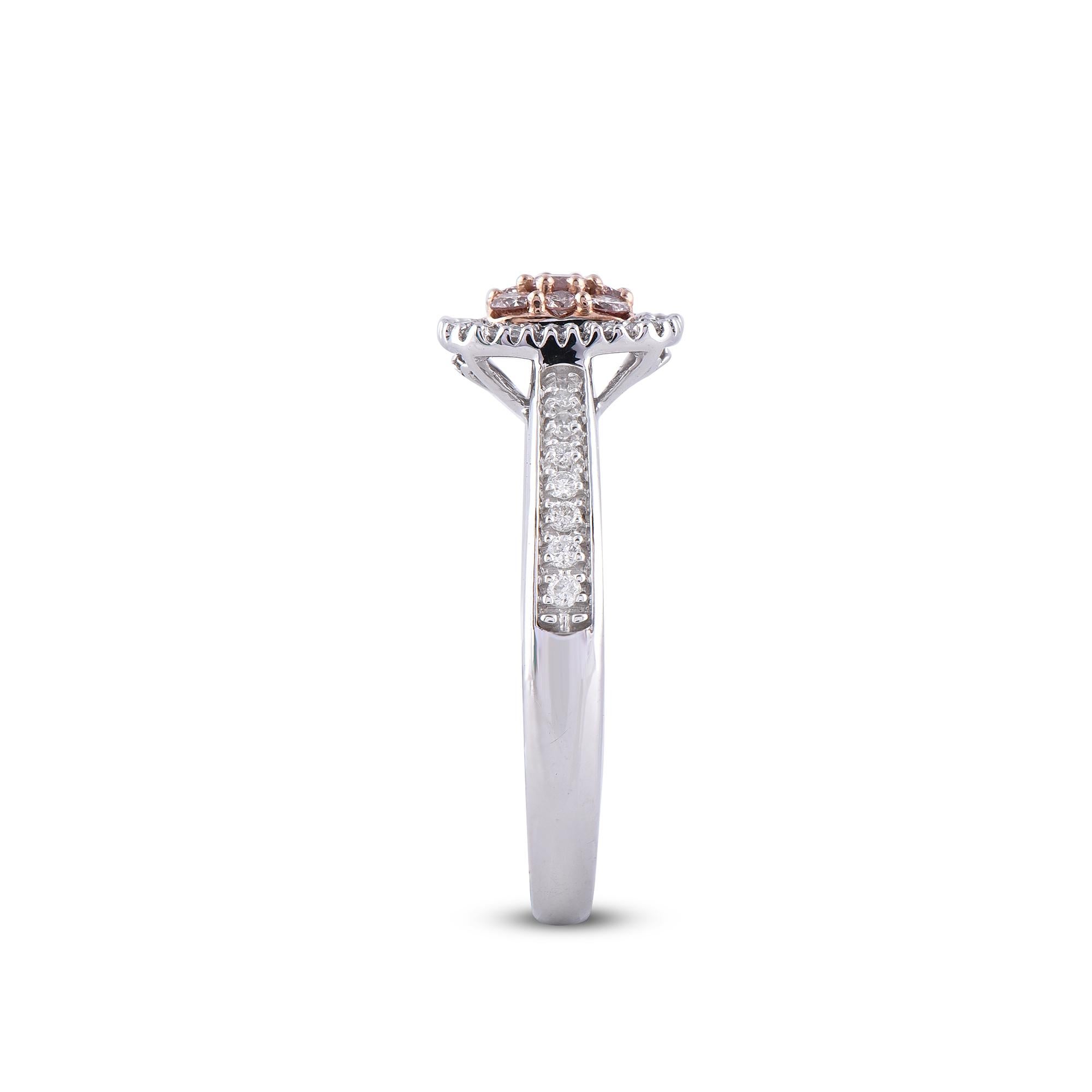Round Cut TJD 0.50 Carat Nat. Pink Rosé & White Diamond 18Kt 2-tone Gold Halo Cushion Ring For Sale