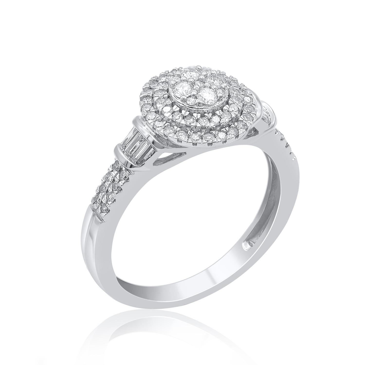 Express your love for her in the most classic way with this diamond ring. Crafted in 14 Karat white gold. This wedding ring features a sparkling 73 baguette cut and single cut, brilliant cut round diamond beautifully set in prong and channel