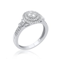 TJD 0.50 Carat Natural Baguette & Round Diamond 14 Karat White Gold Halo Ring