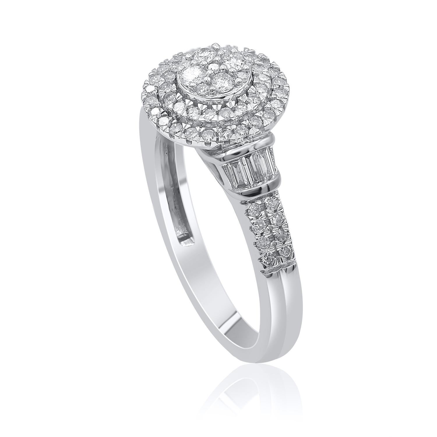 Contemporary TJD 0.50 Carat Natural Baguette & Round Diamond 14 Karat White Gold Halo Ring For Sale