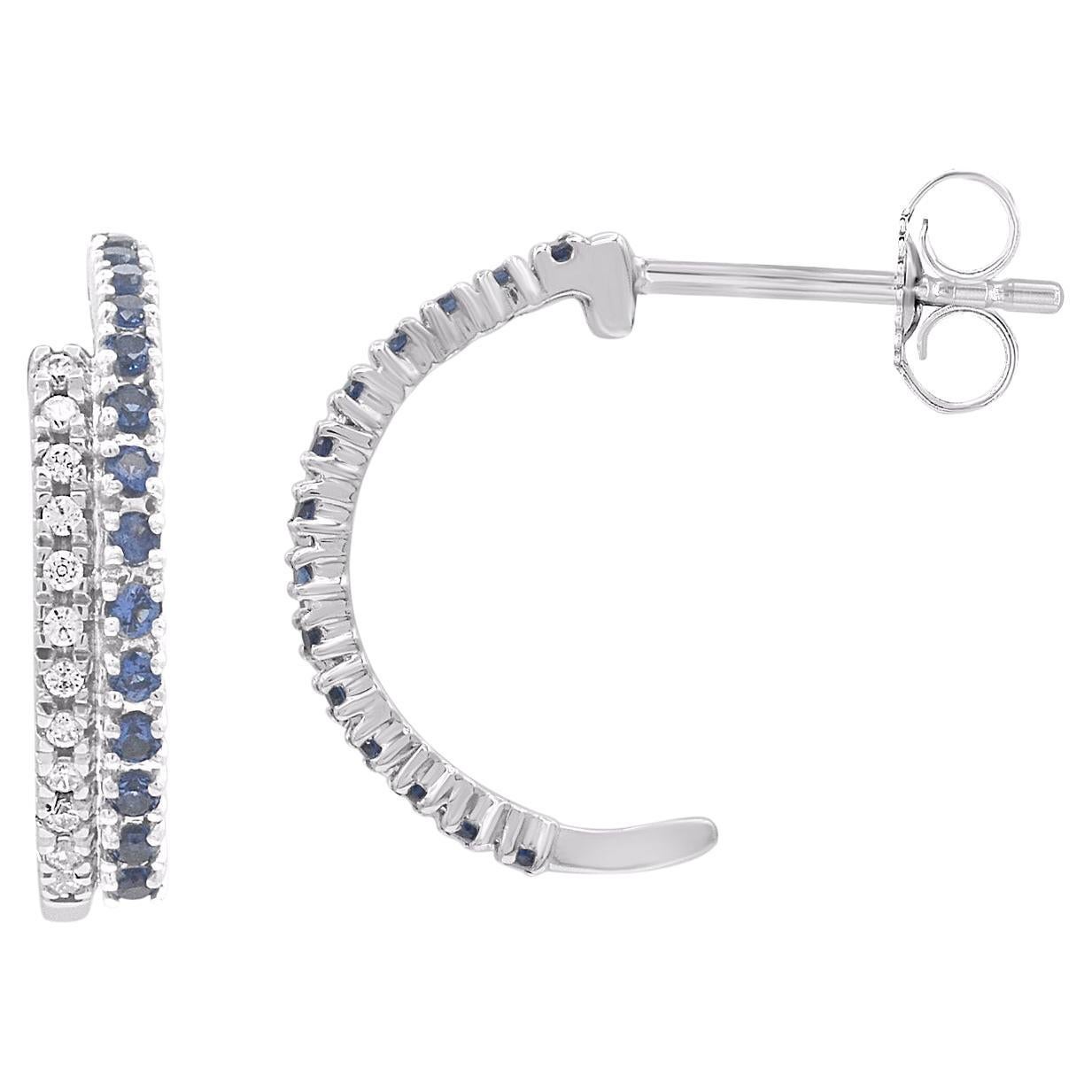 TJD 0.50 Carat Natural Blue Sapphire & Diamond White Gold Half Hoop Earrings